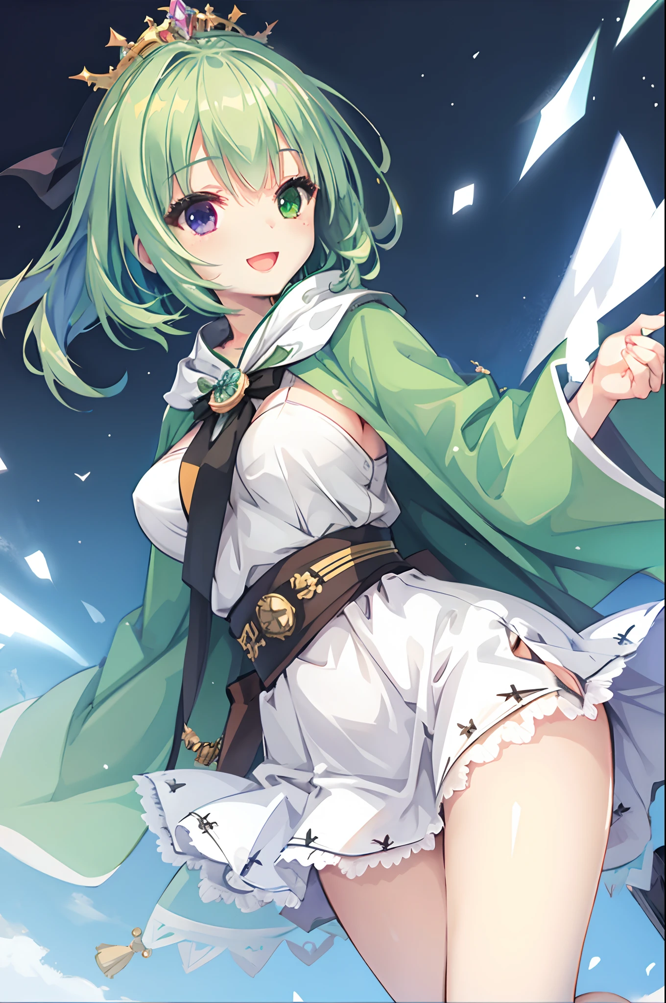tiny girl,Colossal tits,Smile with open mouth,short green hair,Princess,cloaks,Tiara on the head,Heterochromia,Top image quality,Best Quality