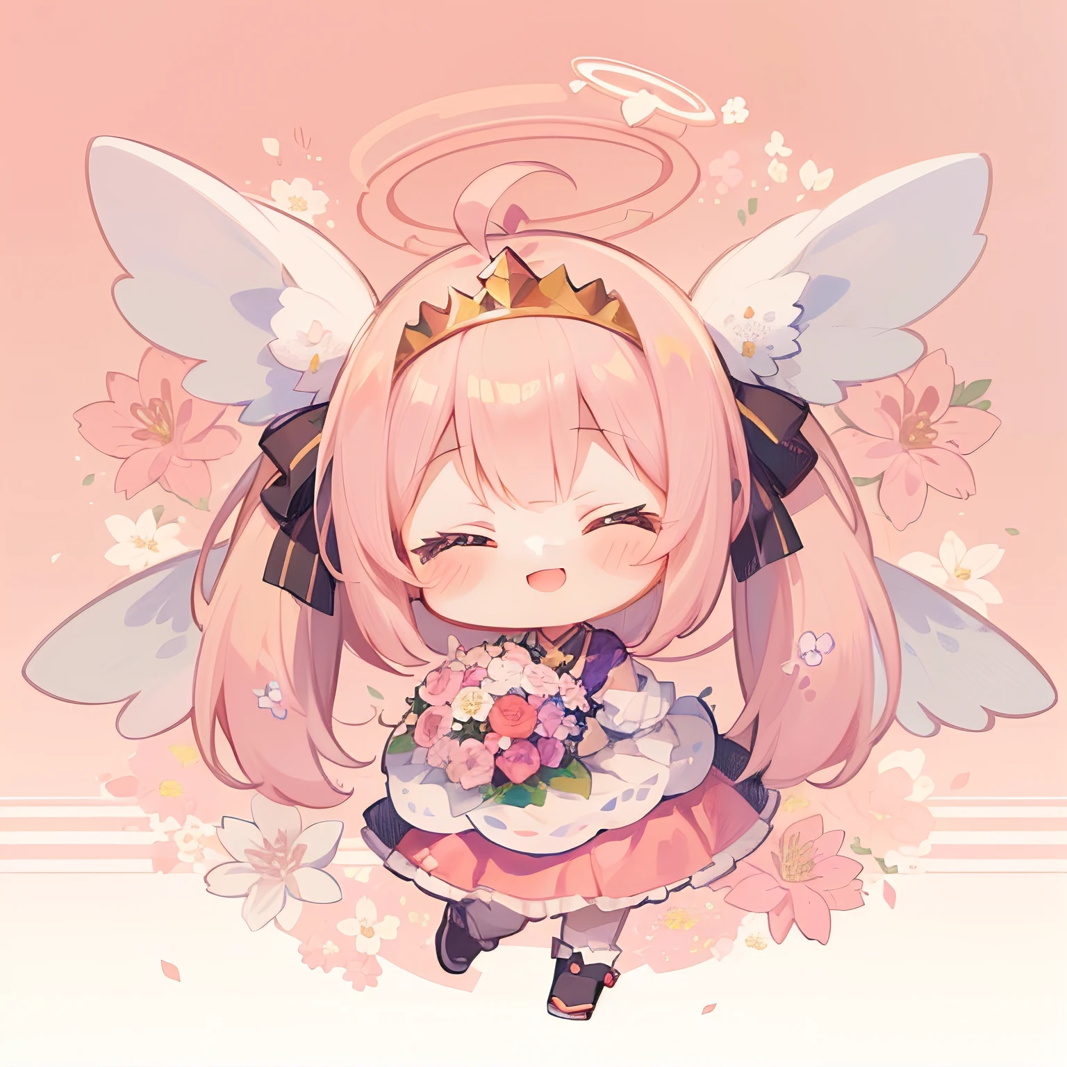 (((masutepiece))), Best Quality, Extremely detailed, Anime, (Hold a bouquet), (angel costume),(Princess Costume), (Halo), (angel wing), (Pink twin tails), (tiarra), Closed eyes, (((girl with))), (((Solo))), Happy, Full body, Ahoge, (((Deformed))), (((Chibi Character))), (((Floral background))), (Pink background), (flower field)