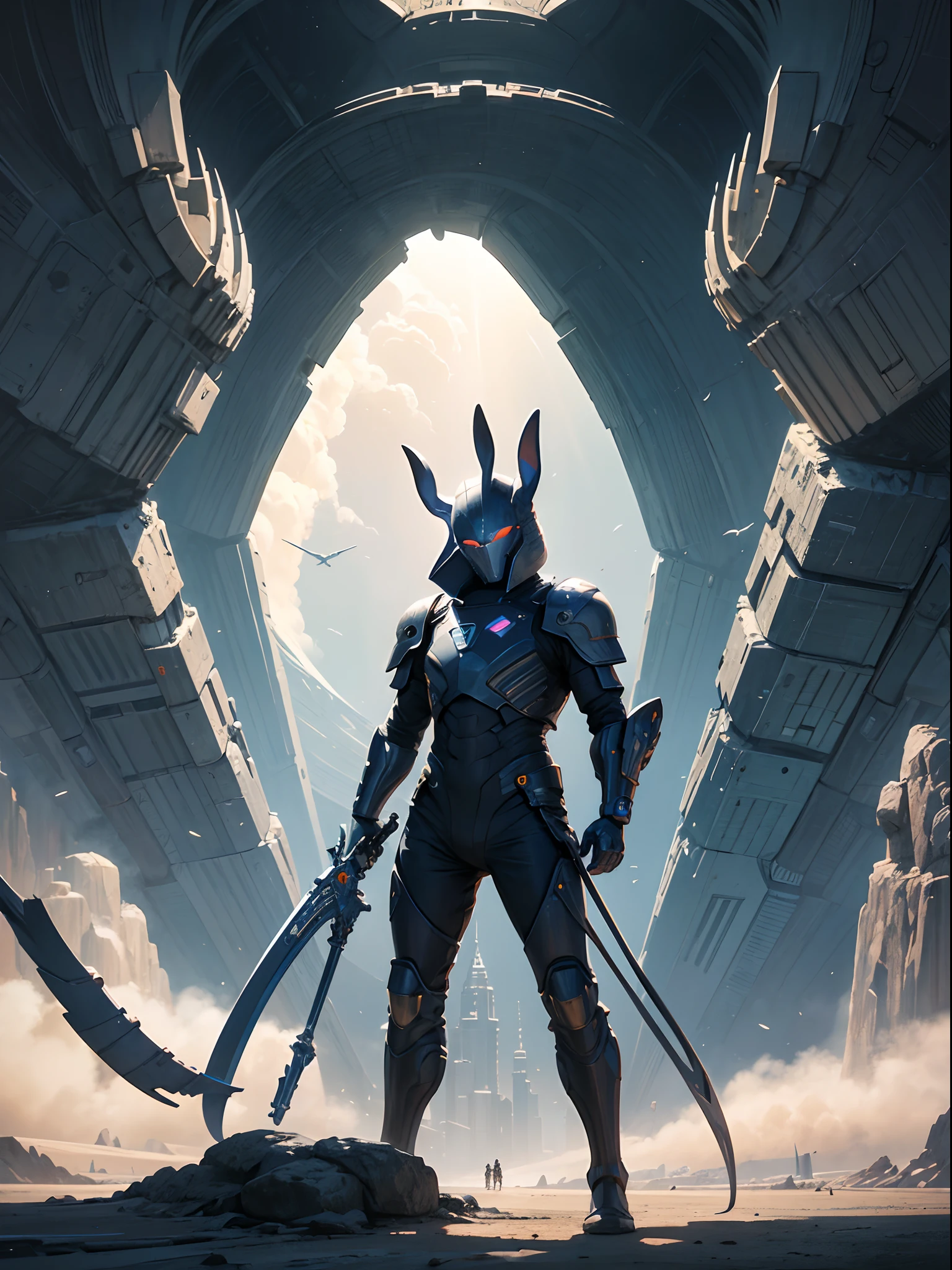 There is a drawing of a futuristic city with a giant robot head, Jodorowsky dunes, Insanely detailed matte painting, peter gric and dan mumford, Complex matte painting, Jodorowsky's Dune movie, John Harris style, Jean Giraud 8K, Ultra-detailed matte painting, Complex environments, stunning sci-fi concept art, cgsociety ) ,Rabbit-shaped armaloid with a cyber atmosphere,Hold a cool carrot-shaped sword,
