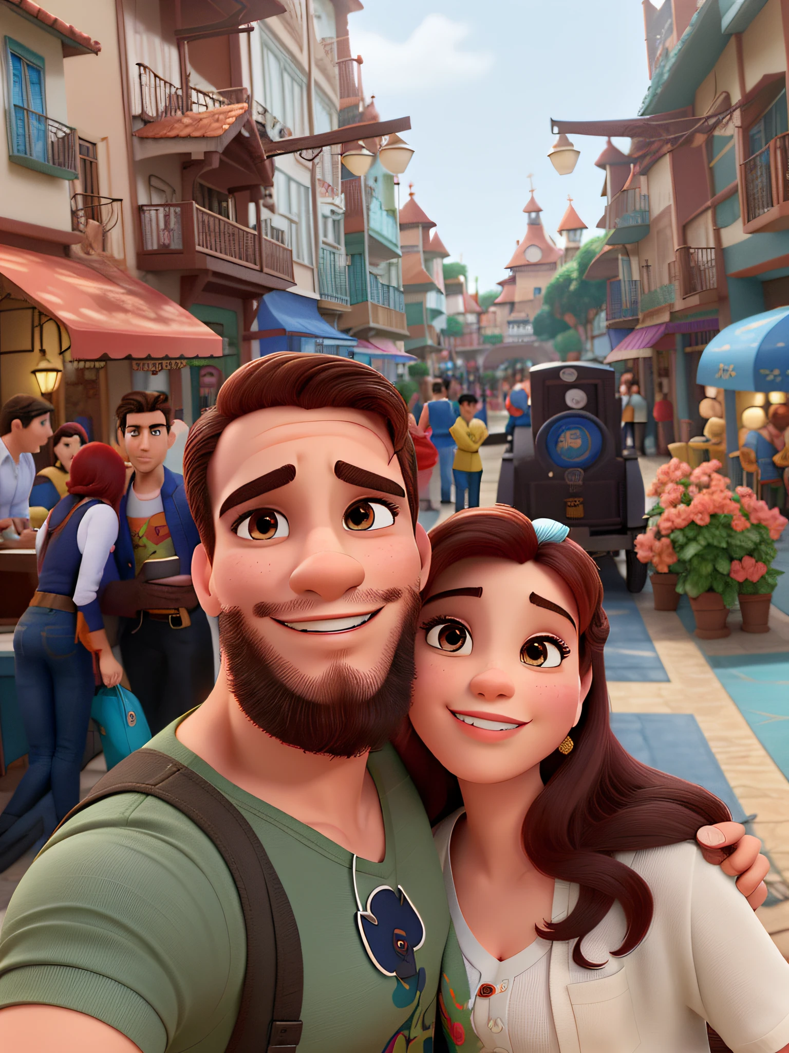 Casal (homem moreno e mulher branca) no estilo Disney Pixar, alta qualidade, melhor qualidade.