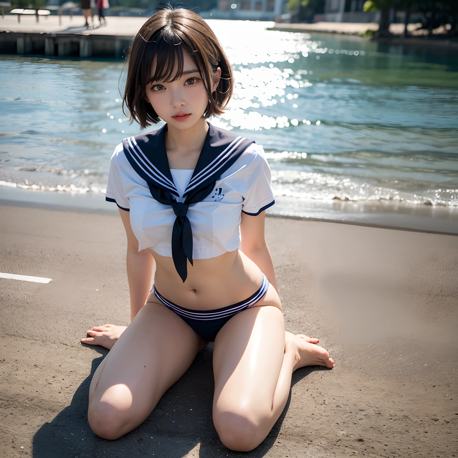(masutepiece, Best Quality:1.2), 8K, Official art, Raw photo, Cute breasts、Sit up、Spread your crotch、Show panties、Cute navel、breasts looking、Pink Panties、Full Bord Bill Four、14years、small tits、unbelievable Ridiculous, (full body Esbian、Sailor suit on top、Panties underneath:1.4), Beautiful Girl, Pretty Face, arching back down,、Gold hair ornament on hair、close up, Sailor Suit, Short sleeve, violaceaess, Teen, Looking at Viewer, Film grain, chromatic abberation, Sharp Focus, face lights, Dynamic lighting, Cinematic lighting, Eyes and faces with detailed, Bokeh background,