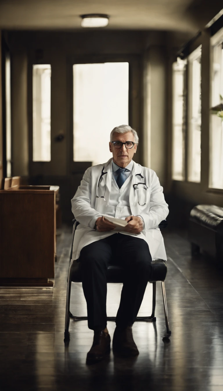 40-year-old man, prescription glasses, gray hair, white coat, stethoscope around his neck, sitting on the chair behind the modern medical table, ready to see a patient, computer and papers on the table, looking straight at the camera