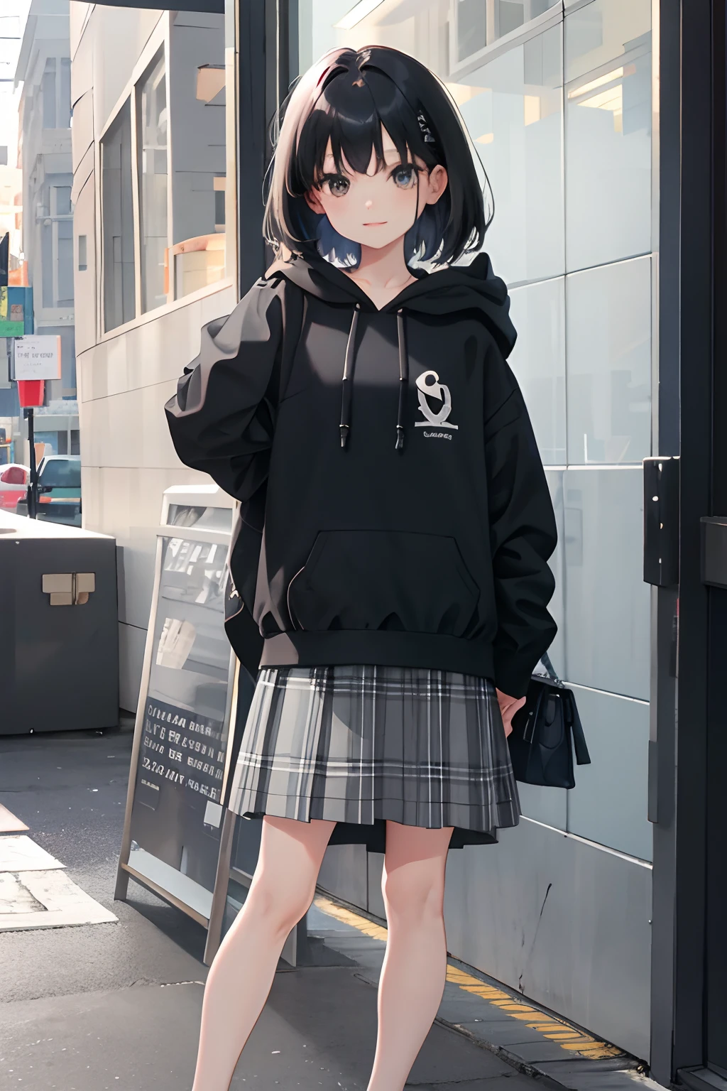 skirt rift，child，（​masterpiece，Highest Quality），gray hoodie，plaid skirts，A dark-haired