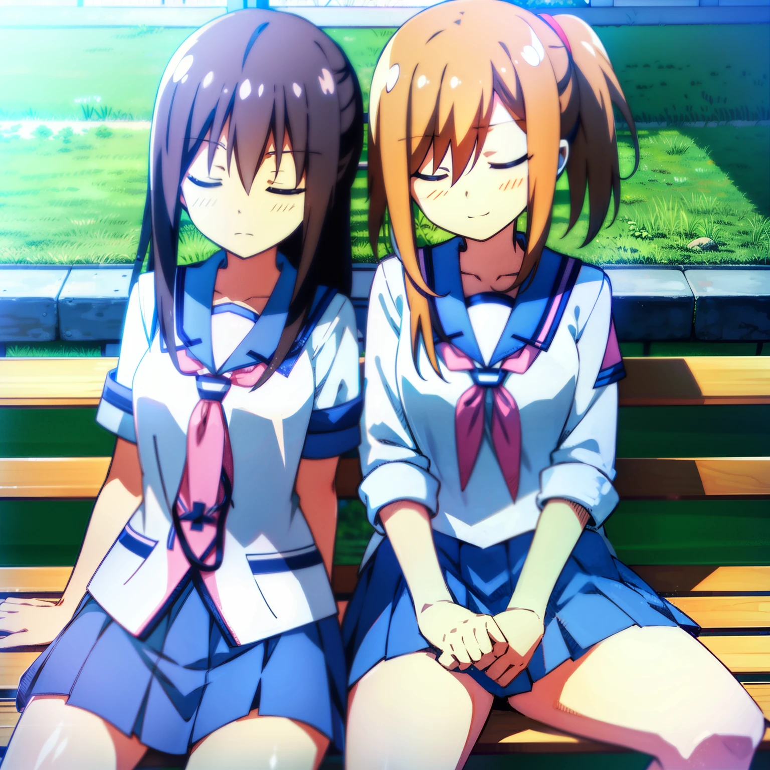 masutepiece, Best Quality, School uniform, Sleeping on a bench