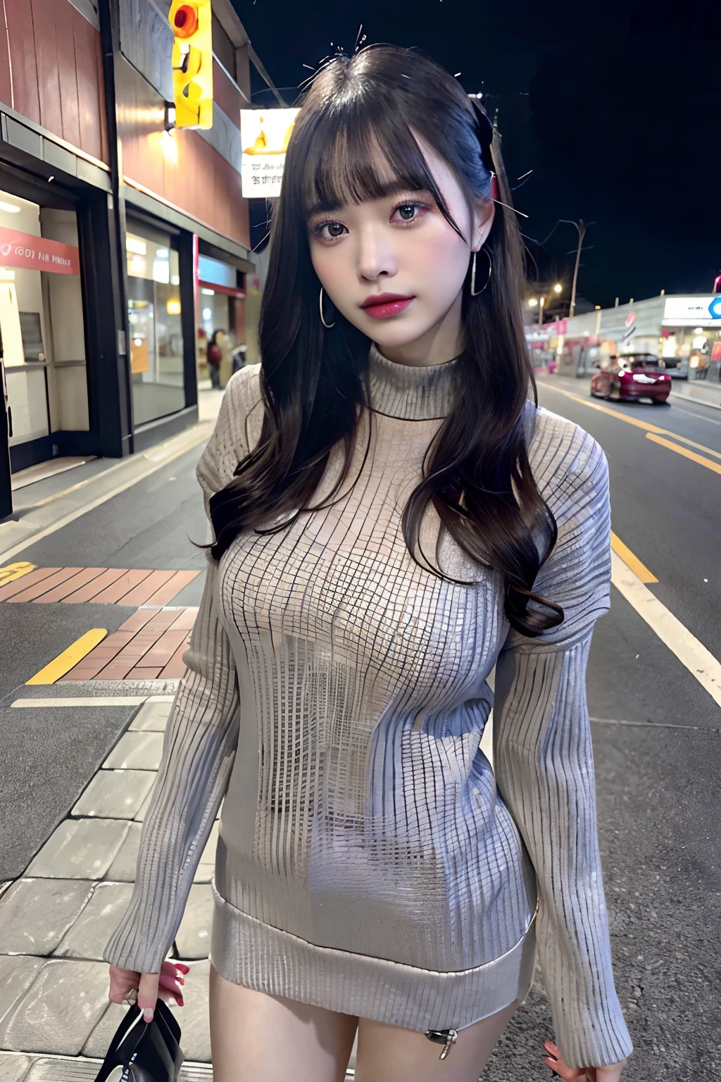 top-quality、超A high resolution、(Photorealsitic:1.1)、​masterpiece、1girl in、、Tight net sweater clothes、Long sweater in grey、Mine makeup、eyeshadows、heavy make up、Shiny Pin Clip Stick、pin heels、beautiful thigh、Long Black Hair、Bangs、Meet in front of the station at night、Prostitution、