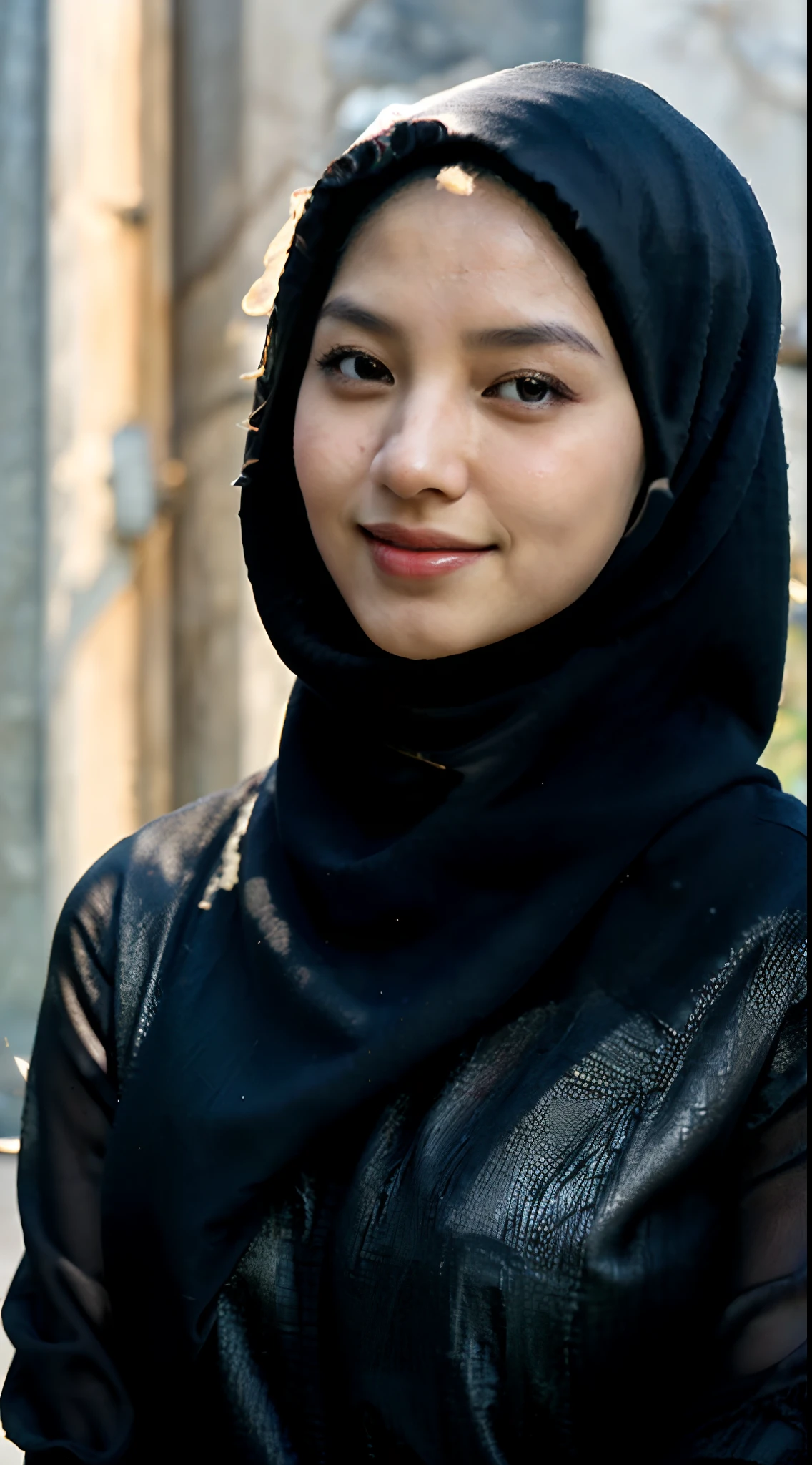 ```vbnet
(("Elegance in Simplicity: Beautiful Asian Woman in Black Hijab with a Sweet Smile")) portraying a woman of Asian descent exuding timeless beauty and grace. Capture her wearing a black hijab, symbolizing sophistication and elegance, framing her face with subtle contrast. Highlight her sweet smile, radiating genuine warmth and kindness. Emphasize the graceful draping of the black hijab, showcasing its texture and the woman's serene demeanor. Illuminate the scene with (((soft, natural light))), enhancing the contours of her face and the rich, deep tones of the hijab. Use an art style that combines realism with a touch of refinement, creating a visually captivating and classically beautiful portrayal of the Asian woman in her black hijab, capturing the essence of her charm and inner beauty.
```