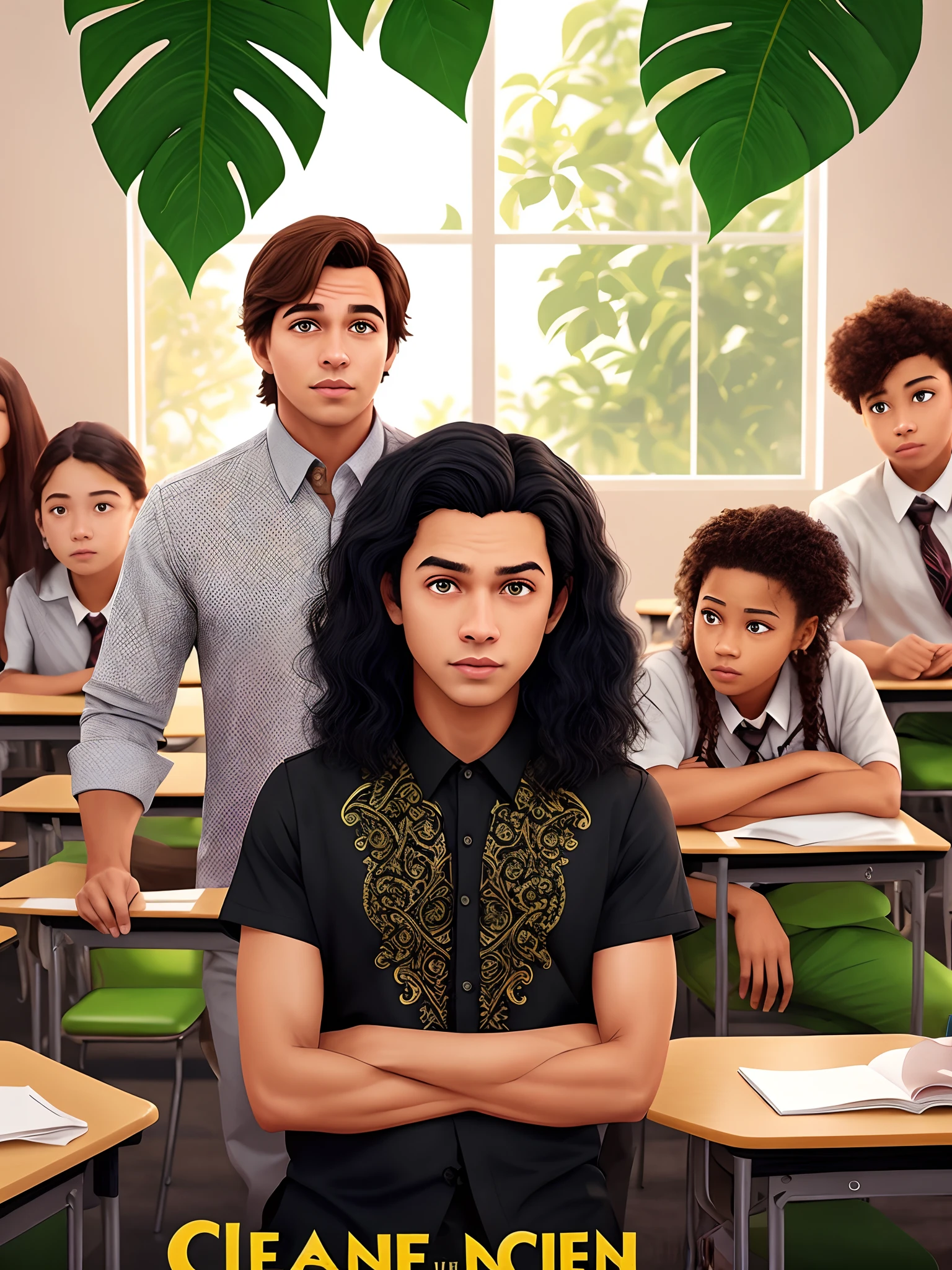 poster 3D inspirado na Disney/pixar . capturando uma cena com um professor homem de cor negra marrom de 25 anos com cabelo crespo alto com as laterais do cabelo raspadas, Clean face s beard wearing a black patterned shirt with green leaves inside a classroom with high school students