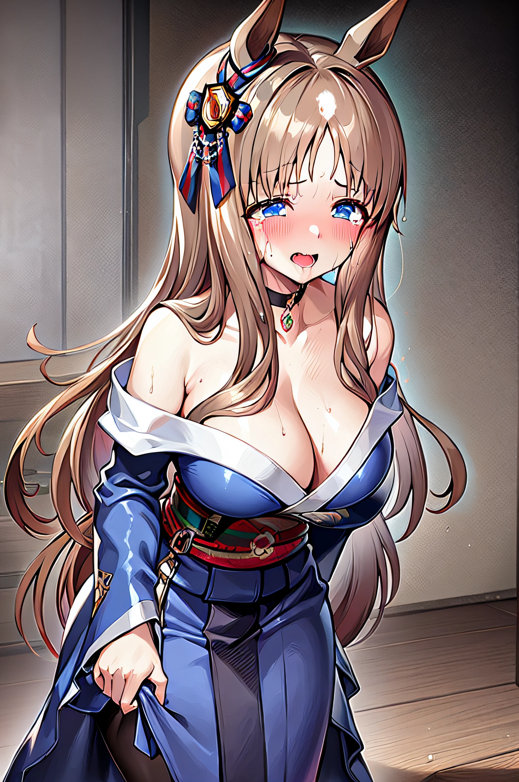 Night, traditional Japanese room,
Bold smile, Usual facial expressions, Open mouth, 
very thin waist with constriction,,, medium breasts⁩, Very slender girl, Beautiful body lines, 
Cyberchoker, wearing choker, 
grass wonder (Umamusume),  Girl, Short stature, Early  Short Girl,
Kimono, Furisode, Bare shoulder,Huge breasts, On the beach, Seduction in Bed, Bust super close-up shot, Colossal tits, Very Huge Big Pelvis, Crimson eyes, sleeves past fingers,(Vulgarity, blush, Sexual ecstasy, trembling:1.3),