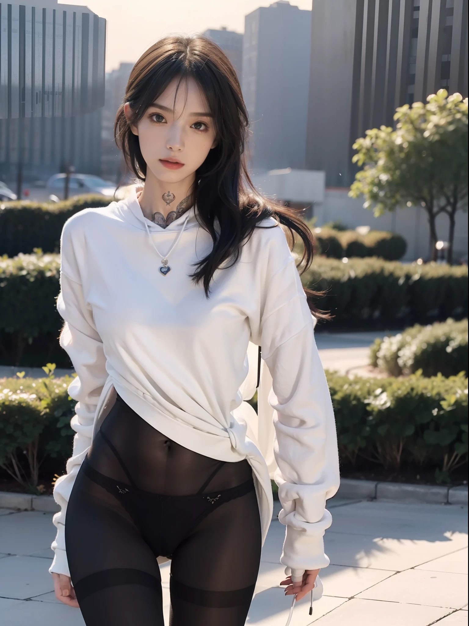 (full bodyesbian,Stand up:1.5),(1girll:1.3),(view the viewer:1.4),(anatomy correct:1.4),(White sweatshirt:1.2),(Black translucent pantyhose:1.3),(with tattoos:1.2),(Accurate and perfect face:1.3),(Slender and slender figure,Skinny,Skinny:1.2),(Smaller bust:1.3),(athletic sneakers:1.1),hyper HD, Ray traching, reflective light, structurally correct, Award-Awarded, High detail, Fade-in and fade-out shadow contrast, Face lighting ,Cinematic lighting, Masterpiece, super detailing, High quality, High detail, Best quality, 16k,High contrast