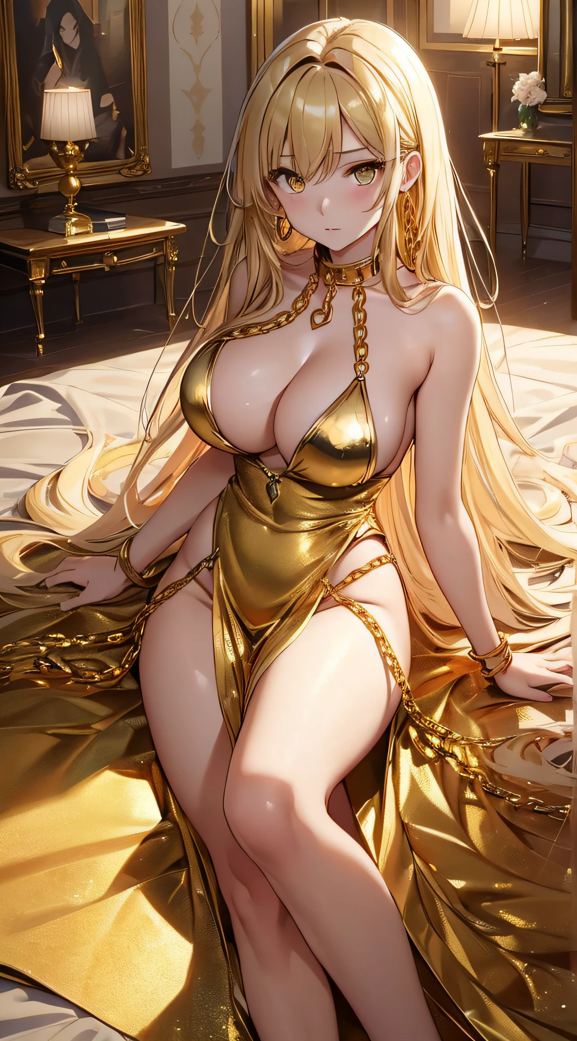 top-quality、Top image quality、masterpiece、girl with((20yr old、Best Bust、big bast、Bust 85,beautiful golden eyes、Breasts wide open,Blonde long hair、A slender、Large valleys、Gold Bikini、Gold Dress,close range、Lonely face、laying on back))hiquality、Beautiful Art、Background with((Luxury Hotels、Large room、Golden Chain、)))masutepiece、visualart、depth of fields、