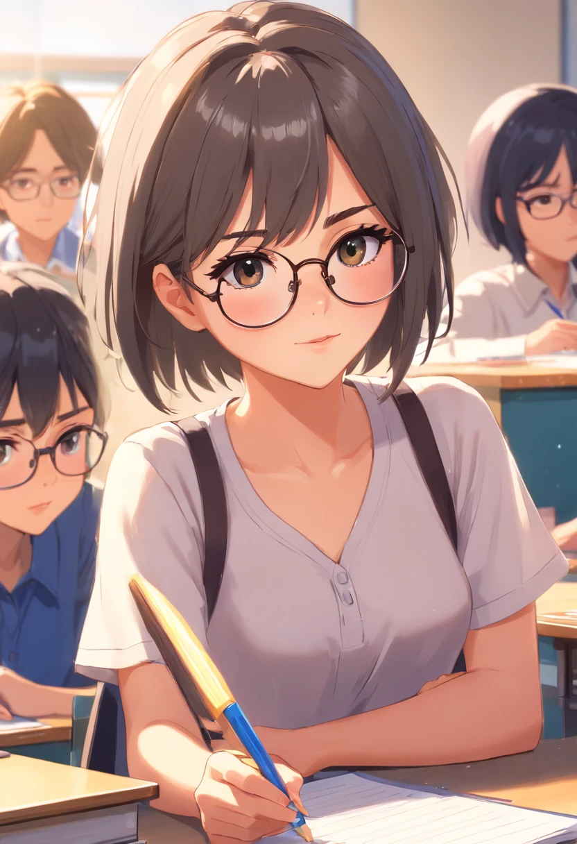 Selena Gomez In the classroom,The teacher is lecturing the students,Gray-haired old teacher,Asian people,wears glasses,closeup cleavage,sharp focus on eyes,8K,super-fine,oil painted,Hyper-realistic,best qualtiy