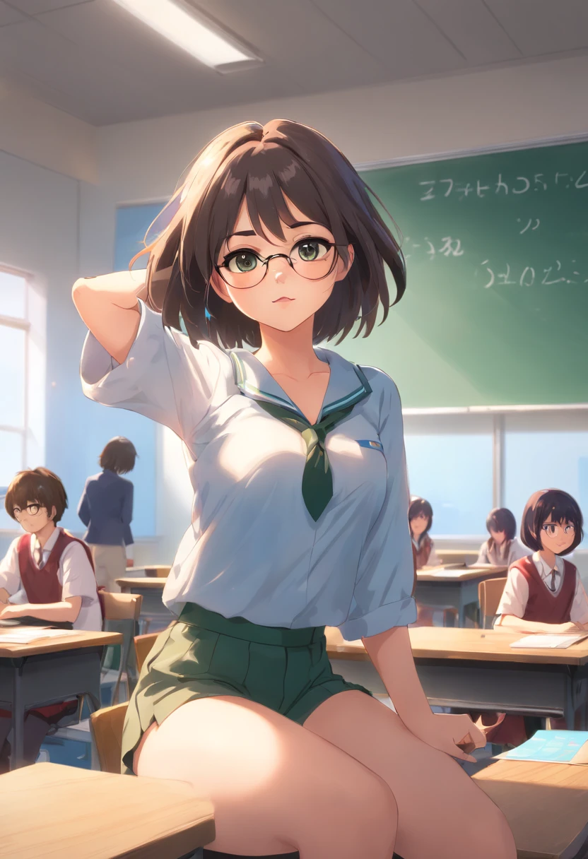 Selena Gomez In the classroom,The teacher is lecturing the students,Gray-haired old teacher,Asian people,wears glasses,closeup cleavage,sharp focus on eyes,8K,super-fine,oil painted,Hyper-realistic,best qualtiy, (no underwear, no bra, no panty), arms up