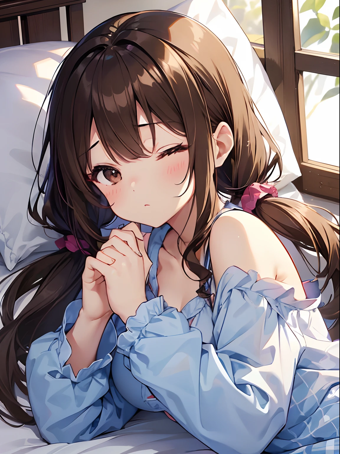(Highest quality illustrations:1.2), (Kawaii Girl:1.1), (1girl in, 独奏:1.5), (1girl in、ars、childish、One pose、cute little、Neat and clean image、tiny chest:1.5、ultradetailed eyes:1.2)、(small tits,flat breast:1.1)、((Brown-eyed、Brown hair:1.5))、(shorth hair)、hair wavy、curlyhair、bangss、low twintails、short twintails、 pajamas、Sexy Pajamas、Cute ruffled pajamas、Light blue checked pajamas、off shoulders,The upper part of the body、Sleeping in bed、Eyes closed、Brown hair、shorth hair、hair wavy、low twintails、BREAK(top-quality、ultra-detailliert、highly detailed and beautiful、超A high resolution、Detailed arm:1.2)、a closeup、bustup,