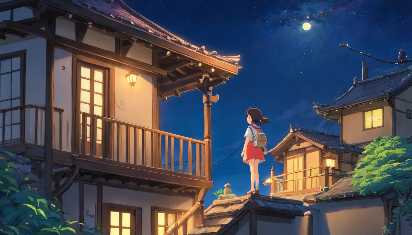 A house built at the top of a narrow slope、Standing on the roof of the house、 girl reaching for the night sky、The night sky is the sea.、What I saw in the stars were glowing fish、fantastic landscape、In the distance, you can see the lights of the port city