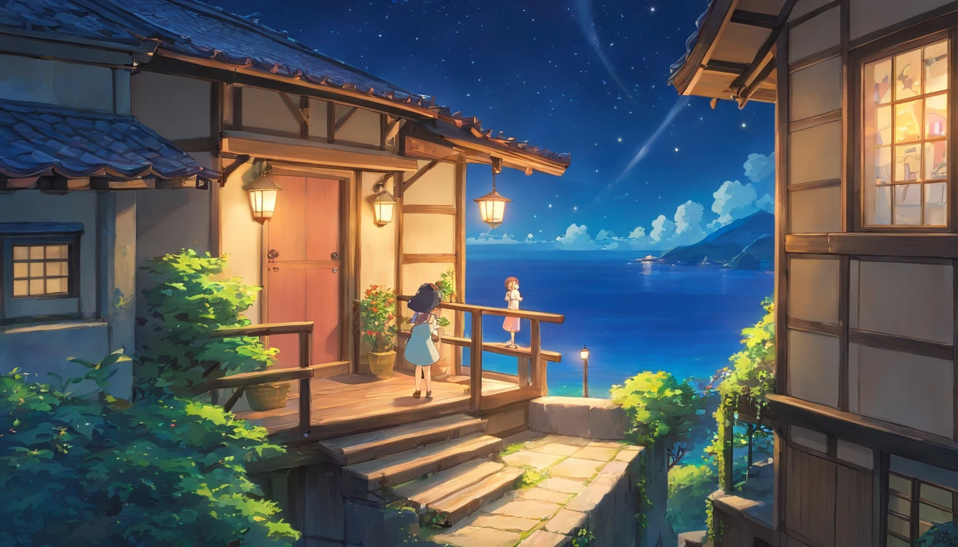 A house built at the top of a narrow slope、Standing on the roof of the house、Little girl reaching for the night sky、The night sky is the sea.、What I saw in the stars were glowing fish、fantastic landscape、In the distance, you can see the lights of the port city