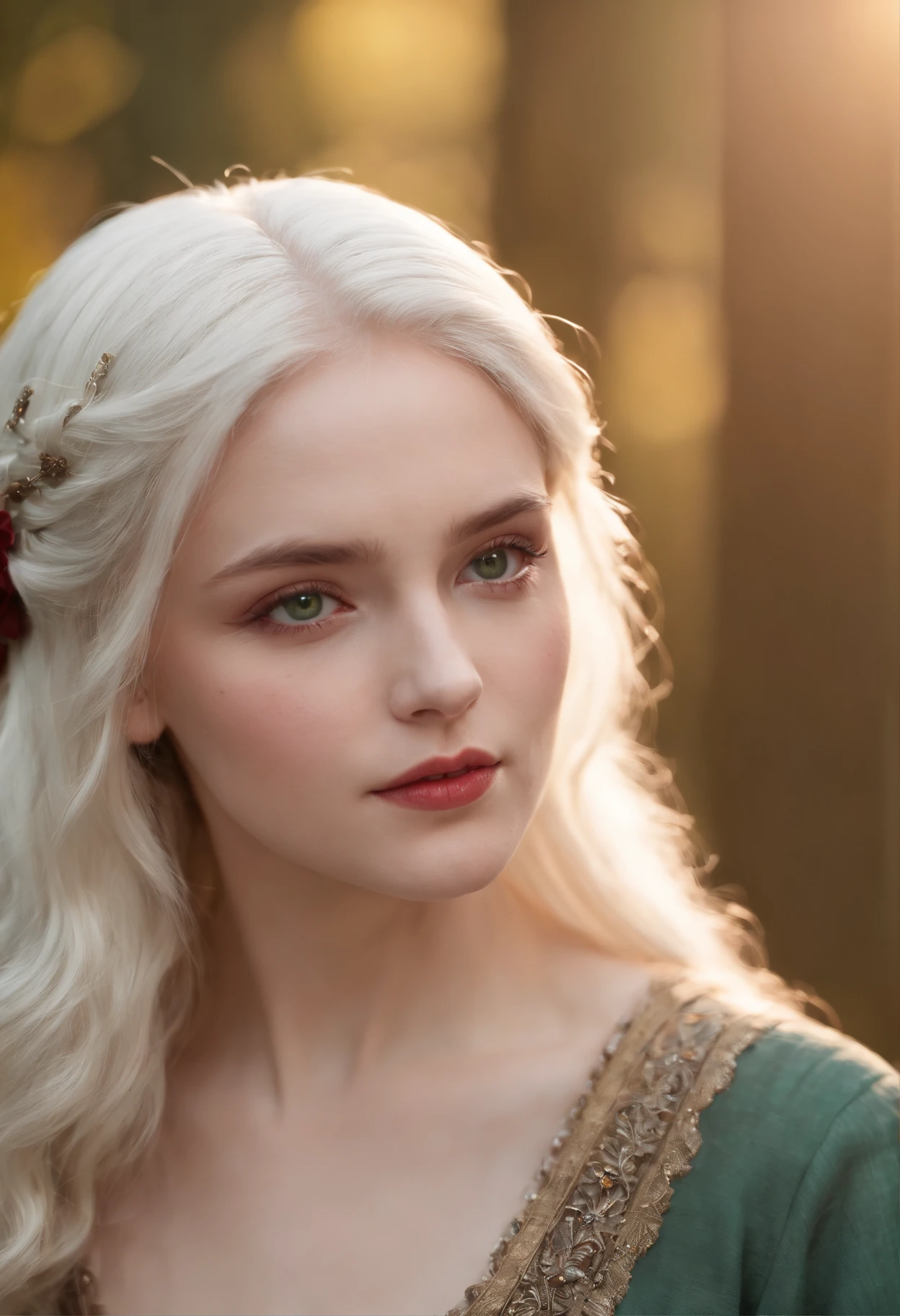 (((a deep reddish wound crosses her left cheek))) fair complexion, woman around 19 years old, natural white hair, distinctive green eyes, wearing kohl, slender and graceful, beautiful, candlelight in a medieval setting, ultra sharp focus, realistic shot, medieval female clothes, tetradic colors (scar:1.4)