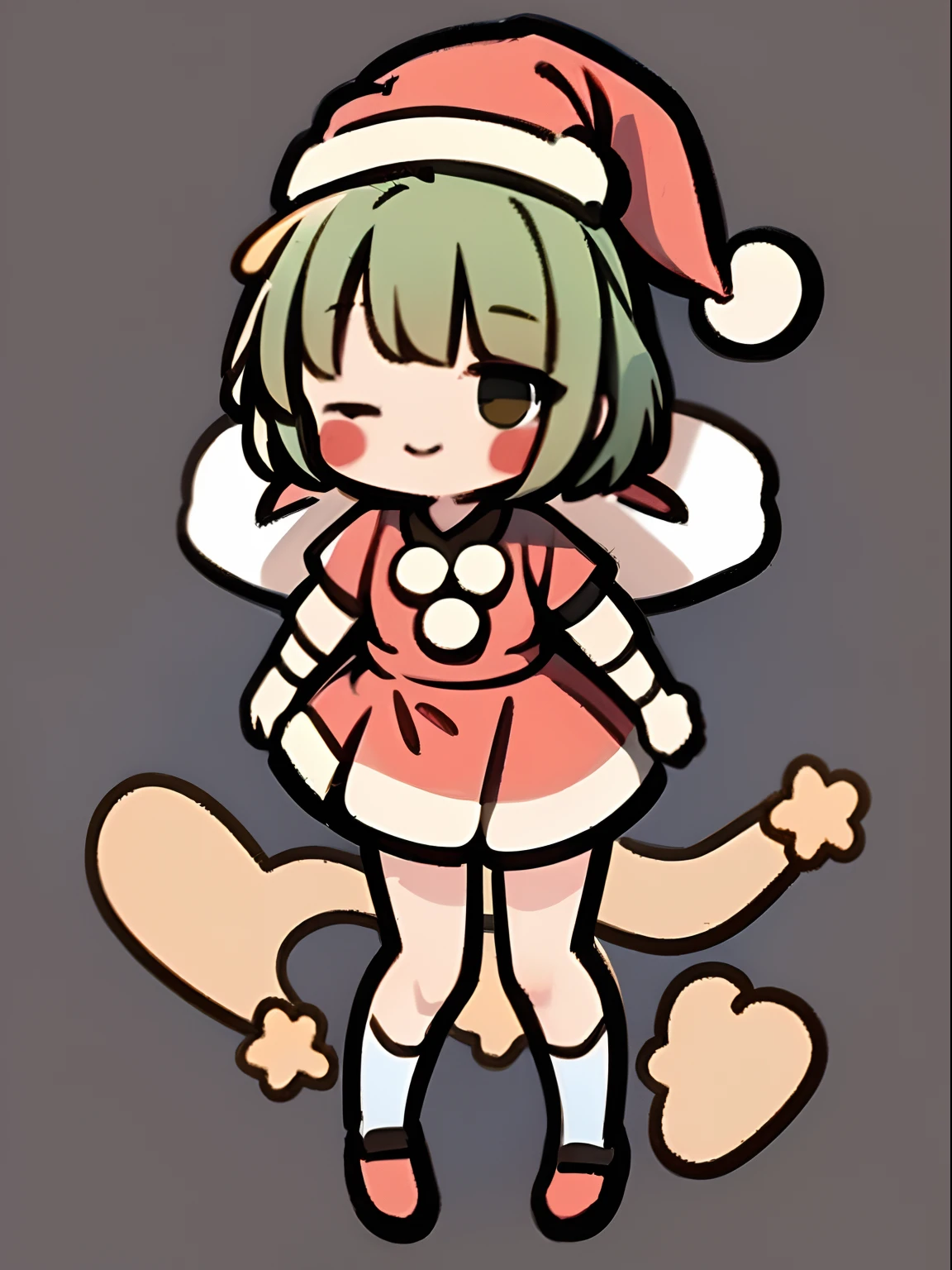 a sticker、top-quality、hight resolution、​masterpiece、8K、Chibi、Silly、1beautiful girl、kawaii、Rabbit ears、Green shorthair、A smile、Santa Claus Costume、They are jumping cutely with their legs up、dynamicposes、Santa Claus hat with rabbit ears、a miniskirt、