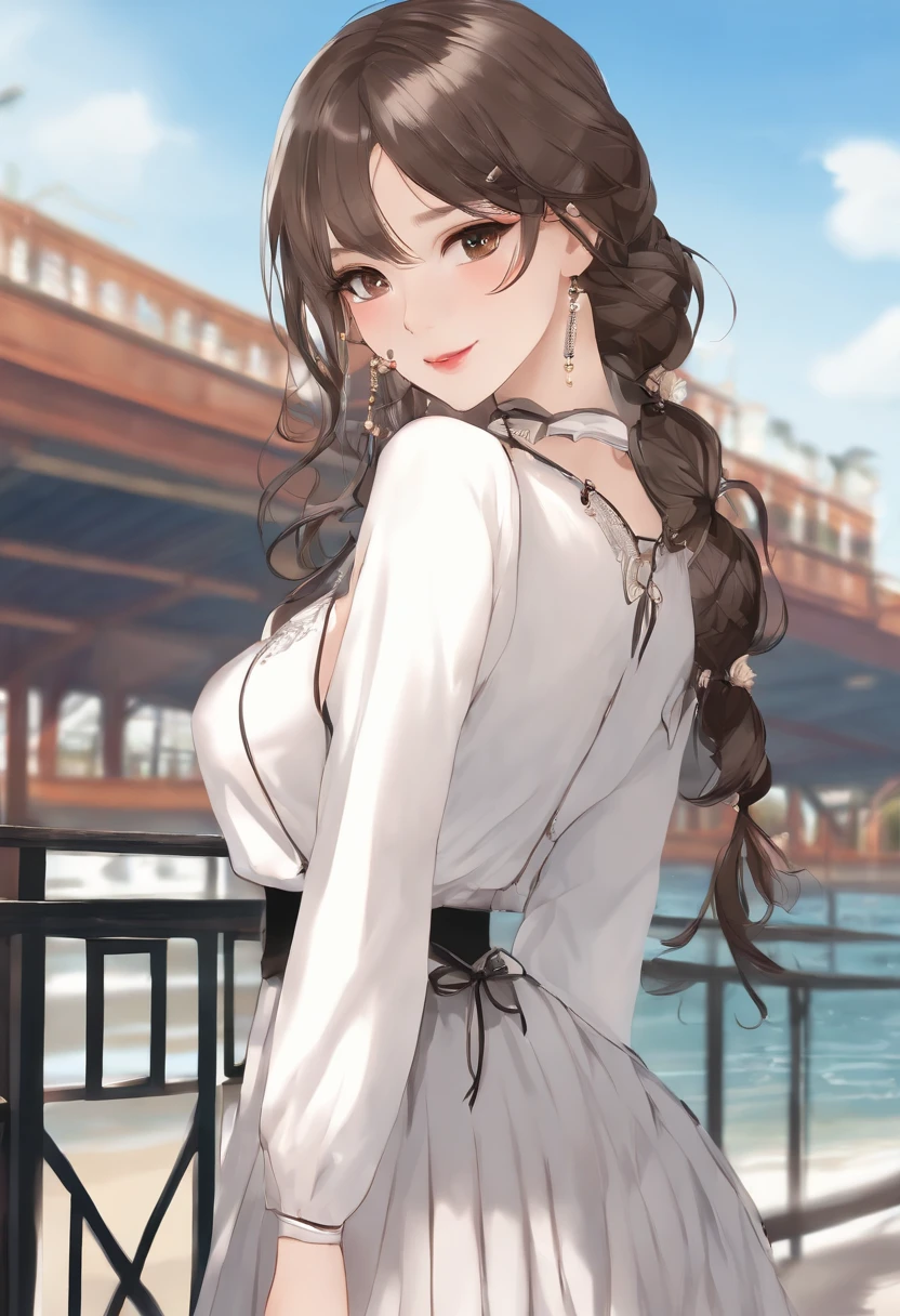 Masterpiece,((清晰的线条)),  limited palette,Best quality, Flat color, Low contrast, ((1girll)),(((a extremely delicate and beautiful girl))),(Beautiful detailed face),(Beautiful detailed eyes),{Long hair},hair adornments,((middle  breasts)),cabelos preto e longos,Hair ribbon,school uniform , standing,((view the viewer:1.6)), View from below,Beautiful detailed sky,Bright sky,Cloudy sky,Sunlight, (detailedlight),lighting,Colorful,Ocean,beach, bridge,Way to school,skyscrapper, Autumn, haze