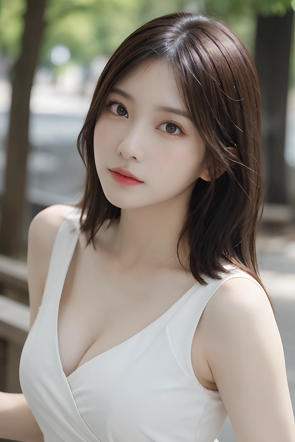 masutepiece, Best Quality, ​masterpiece, Photorealsitic, finely detail, hight resolution, 8k wallpaper, flawless, dynamic compositions, Beautiful and detailed eyes, realistic skin textures, Natural Lip, (A deep V-neck dress that is as thin as a string), well-shaped bust, sexy  pose, (Look at viewers)