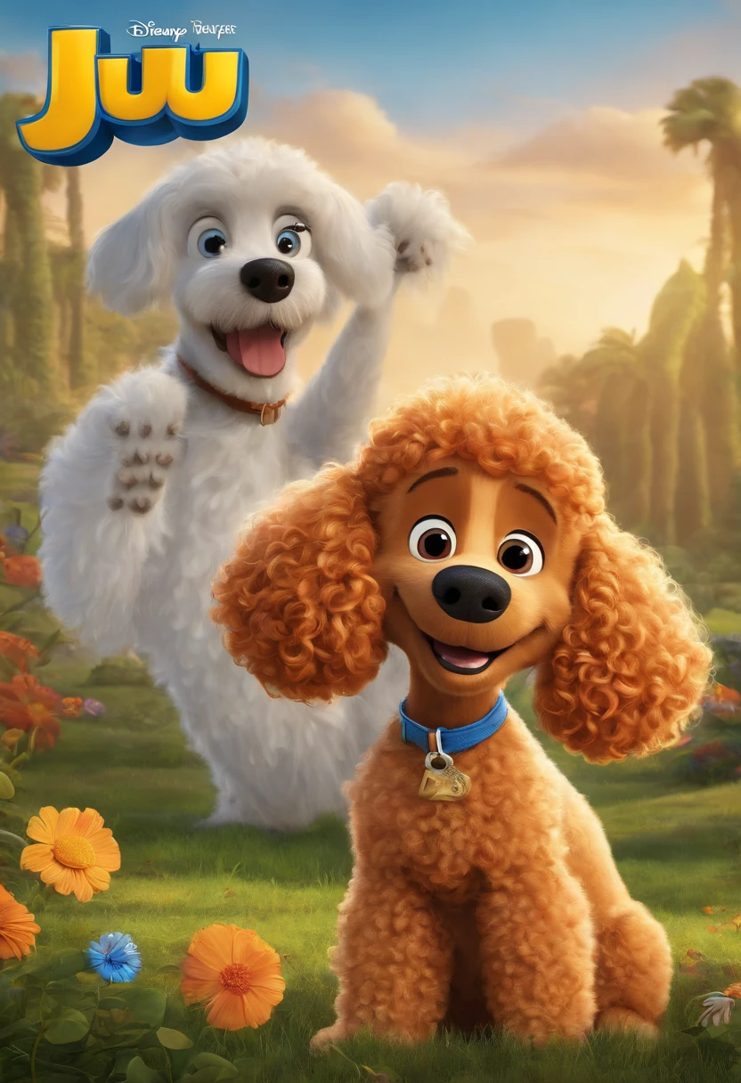 Create a poster inspired by Disney Pixar movies, apresentando uma cachorrinha de poodle branca, cachorrinho de pele bem cuidada com dentes caninos afiados e pontiagudos brincando. The poster is titled 'The Adventures of Juju' Digital art should be in Pixar style, reminiscent of an animated feature.