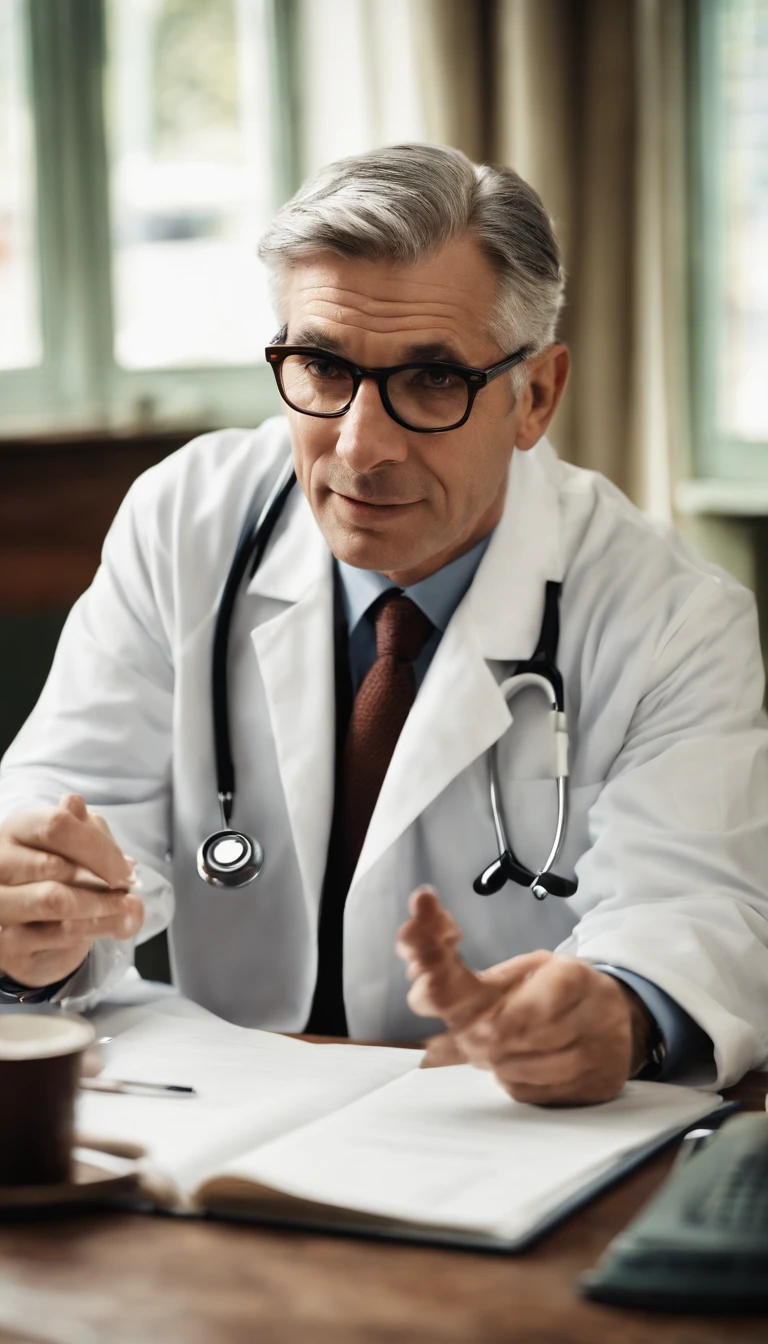 good lighting, a distinguished 40-year-old man with gray hair and prescription glasses sits behind a modern medical table, his white coat and stethoscope around his neck, ready to see his next patient. His intense gaze at the camera conveys his dedication to his profession. The computer and papers on the table hint at his meticulous nature and attention to detail.