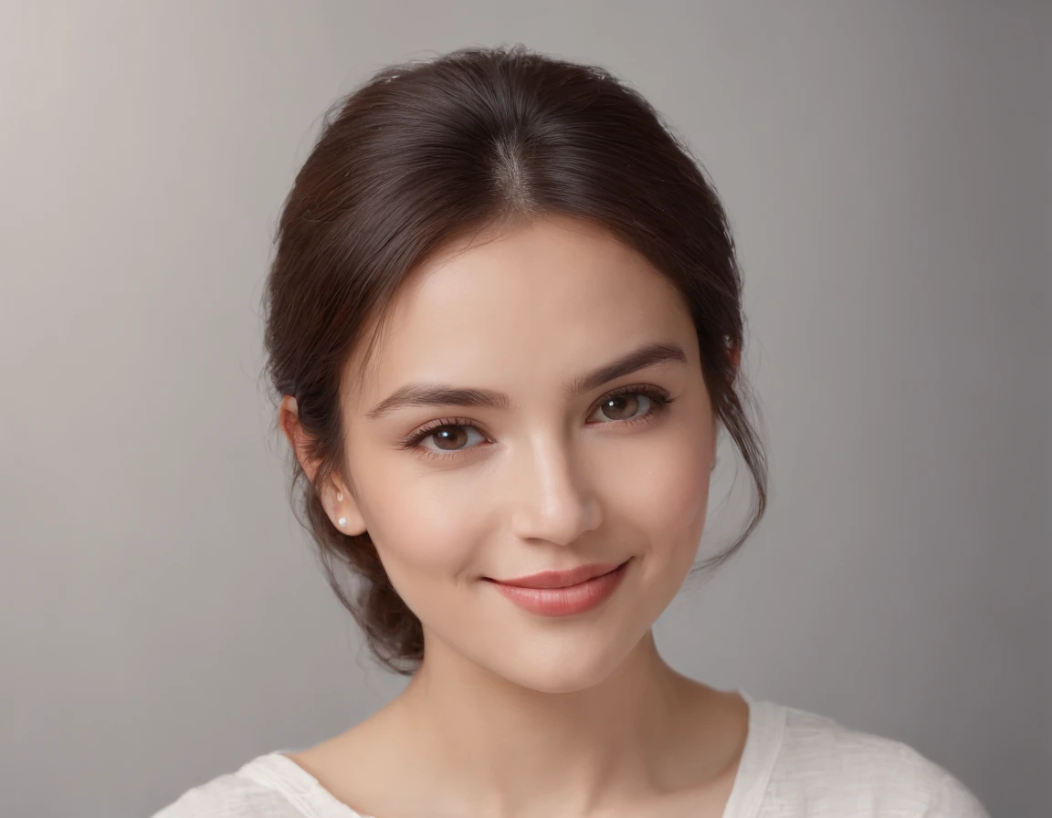 (photo: 1.3) de (Realism: 1.3), (Latin American), Hispanic Profile Picture, (Frontal close-up), soft light, clear face, Happy, cheerful, Warm light, white tshirt, (Off-white background), (empty background), ((Grey wall background)) avatar, (Long hair), Smile, Beautiful, Young,, Short hair, Smile, (a closeup of a)