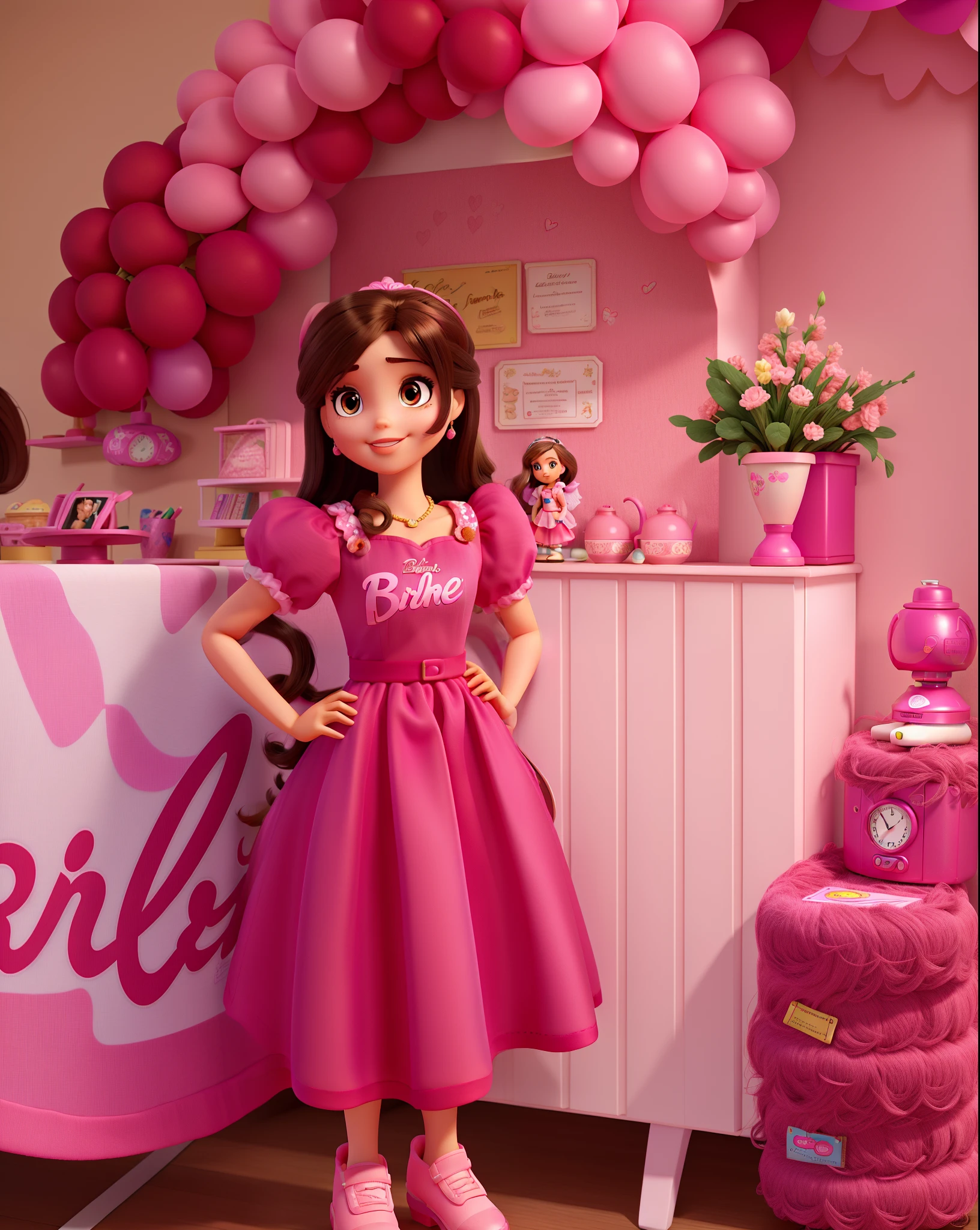 A brunette girl in pink Barbie dress with her hands on her waist, estilo Disney pixar, melhor qualidade