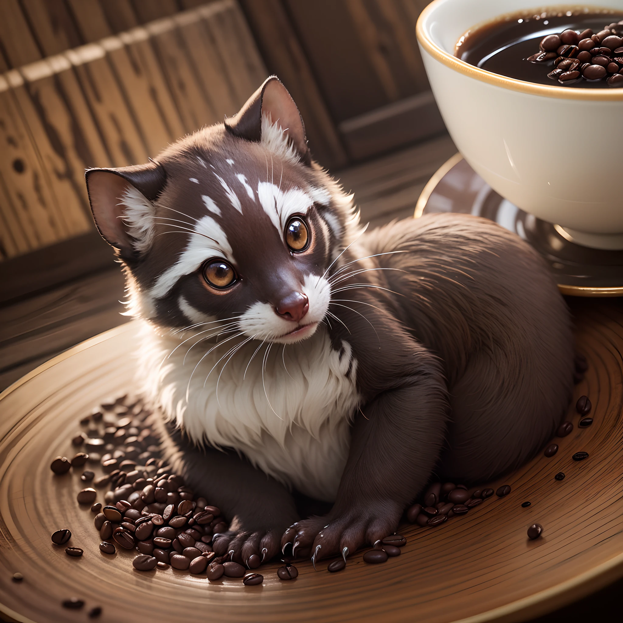 An image of an elegant cup of Kopi Luwak coffee, with exquisite coffee beans and a civet in the background to illustrate the unique production process. --auto --s2