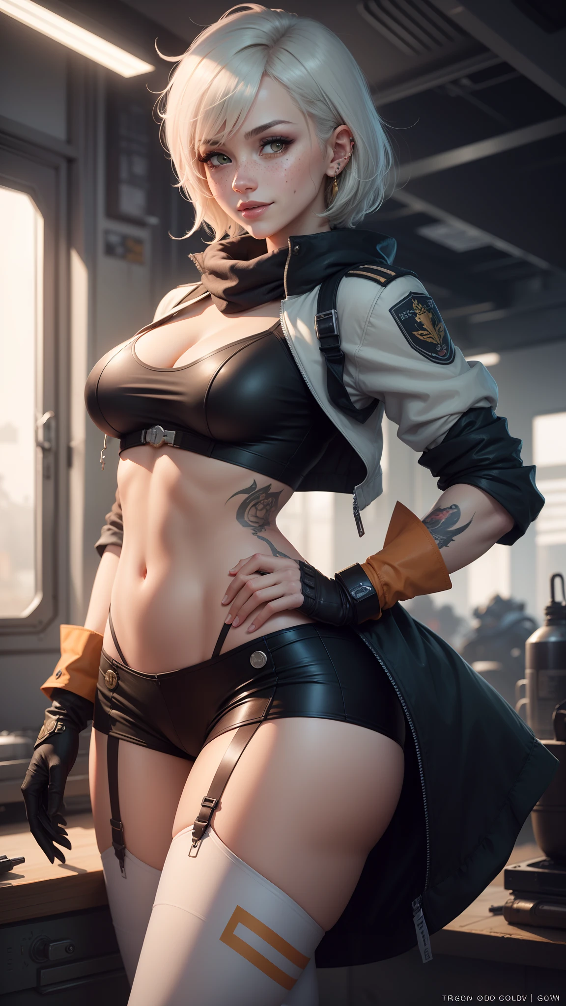 gwen tennyson,tracer,yorha 2b,y'shtola rhul,rebecca chambers,overwatch,nier automata,mech pilot,mech workshop, tattoos,orange and silver plugsuit,white short sleeve pilot top,steel lycra micro shorts,garter belt,uncovered belly, short hair,cute makeup,green eyes,dimensional golden hair,shy smile,freckles,beautiful girl,large breasts,8k,ultra detailed,realistic,fantasy art,cyberpunk armor,mechanic uniform,ear piercings,saiyan girl,saiyan female,white short sleeve mech jacket, wet shirt,mechanic goggles,