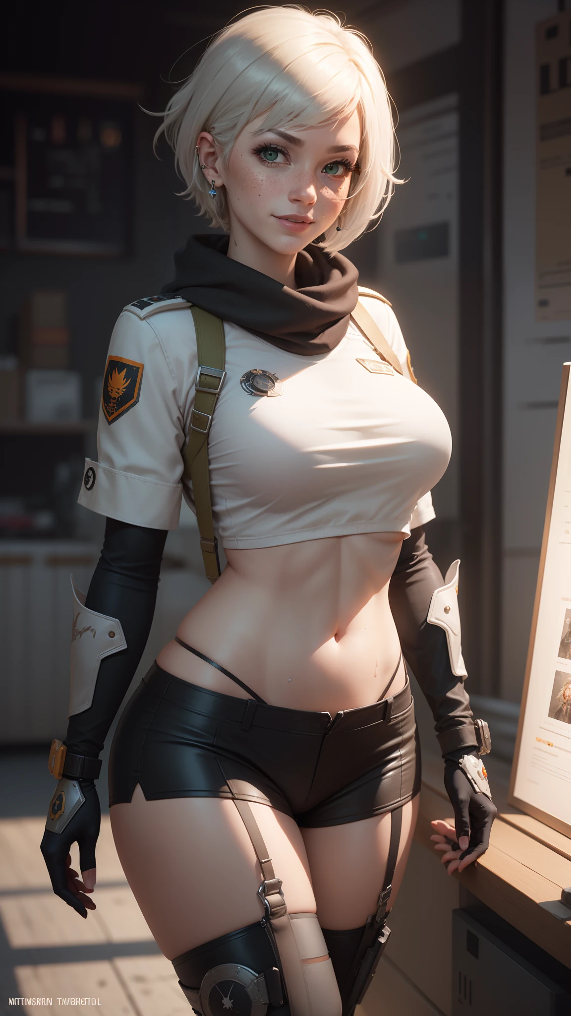 gwen tennyson,tracer,yorha 2b,y'shtola rhul,nobara kugisaki,overwatch,nier automata,mech pilot,mech workshop, tattoos,orange and silver plugsuit,white short sleeve pilot top,orange lycra micro shorts,garter belt,uncovered belly, short hair,cute makeup,green eyes,dimensional golden hair,shy smile,freckles,beautiful girl,large breasts,8k,ultra detailed,realistic,fantasy art,steampunk armor,pilot uniform,ear piercings,saiyan girl,saiyan female,white short sleeve mech jacket,wet shirt,pilot goggles,world war pilot,pilot scarf,