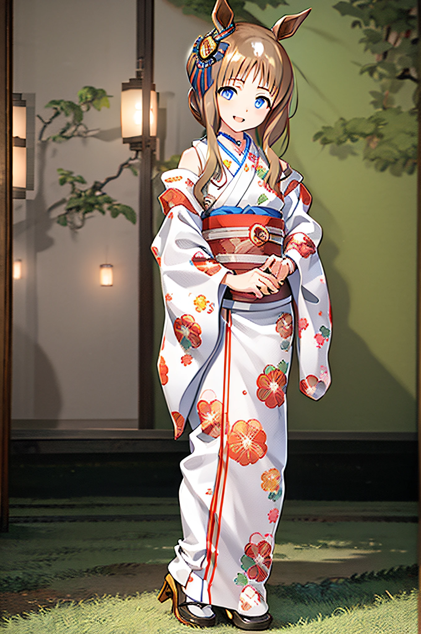 Night, traditional Japanese room,
Bold smile, Usual facial expressions, Open mouth, 
very thin waist with constriction,, medium breasts⁩, Very slender girl, Beautiful body lines, 
Cyberchoker, wearing choker, 
grass wonder (Umamusume), ***********, Short stature, Early teens girl, Short Girl,
Kimono, Furisode, Bare shoulder,