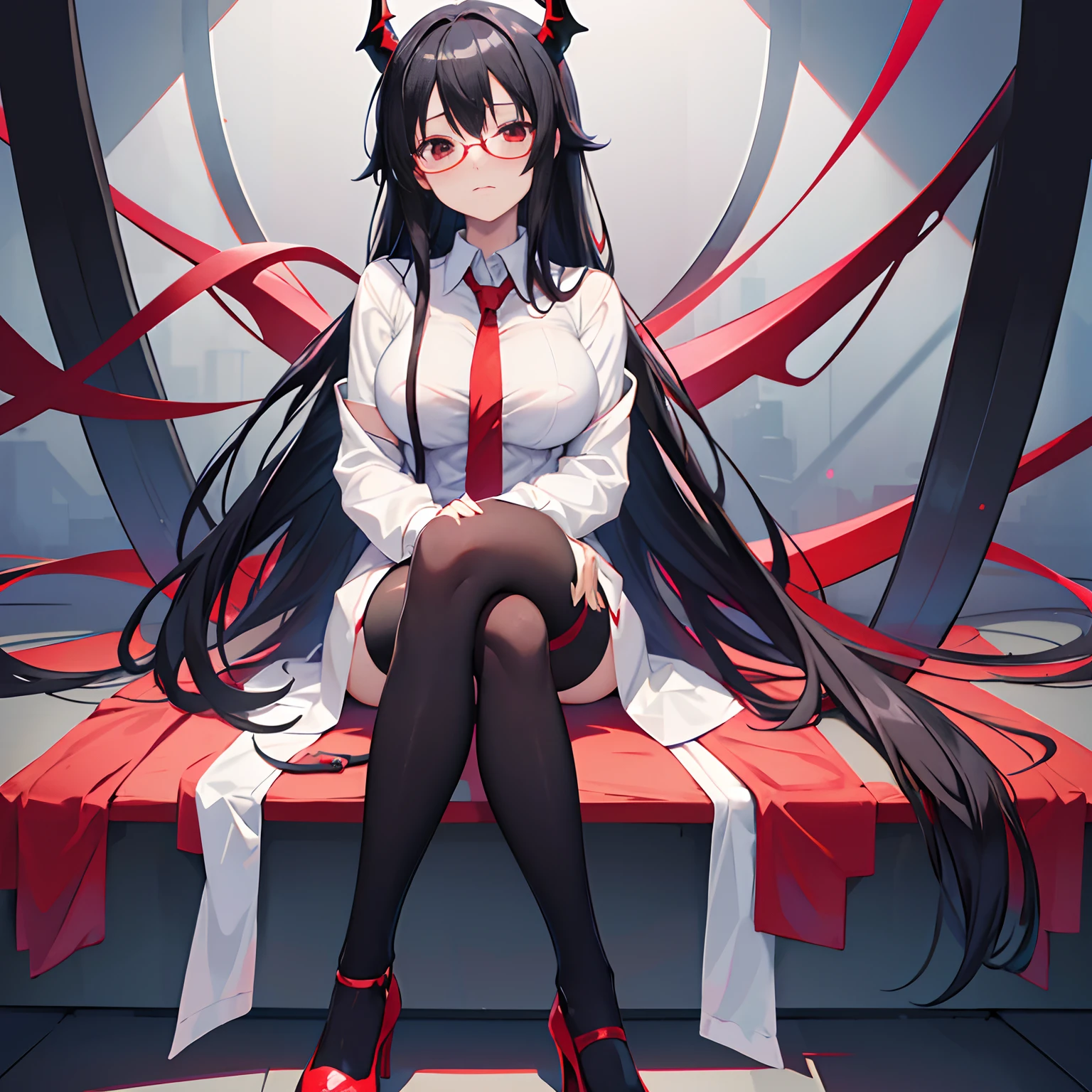 "anime girl, 1 person, black hair, shoulder-length hair, red eyes, glasses, white horns, wearing women's shirt, tie, school clothes, big breasts, tights, high heels, sitting  crossed legs, blushing, bottom view, (full HD 4K+ image)"