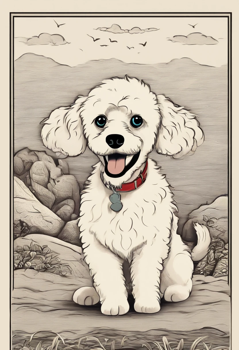 Create a poster inspired by Disney Pixar movies, apresentando uma cachorrinha de poodle branca, cachorrinho de pele bem cuidada com dentes caninos afiados e pontiagudos brincando. The poster is titled 'The Adventures of Juju' Digital art should be in the style of Pixar, reminiscent of an animated feature.