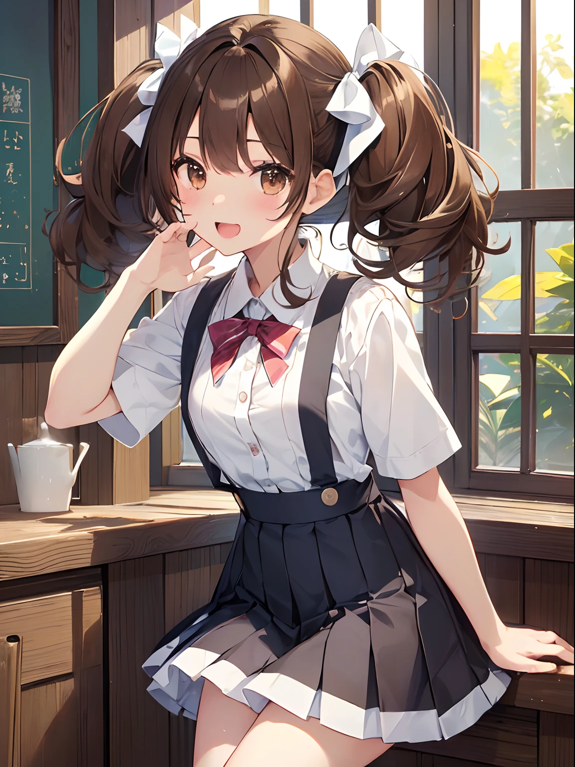 (Highest quality illustrations:1.2), (Kawaii Girl:1.1), (1girl in, 独奏:1.5), (1girl in、14years、childish、One pose、cute little、Neat and clean image、tiny chest:1.5、ultradetailed eyes:1.2)、(small tits,flat breast:1.1)、((Brown-eyed、Brown hair:1.5))、(shorth hair)、hair wavy、curlyhair、bangss、low twintails、short twintails、 (high-school uniform、summer clothing、shortsleeves、((white shirt))、Light blue ribbon、Checked pleated skirt)、,The upper part of the body、huge smile、Open mouth、hi、Brown hair、shorth hair、hair wavy、low twintails、BREAK(top-quality、ultra-detailliert、highly detailed and beautiful、超A high resolution、Detailed arm:1.2)、a closeup、bustup, Wink(
