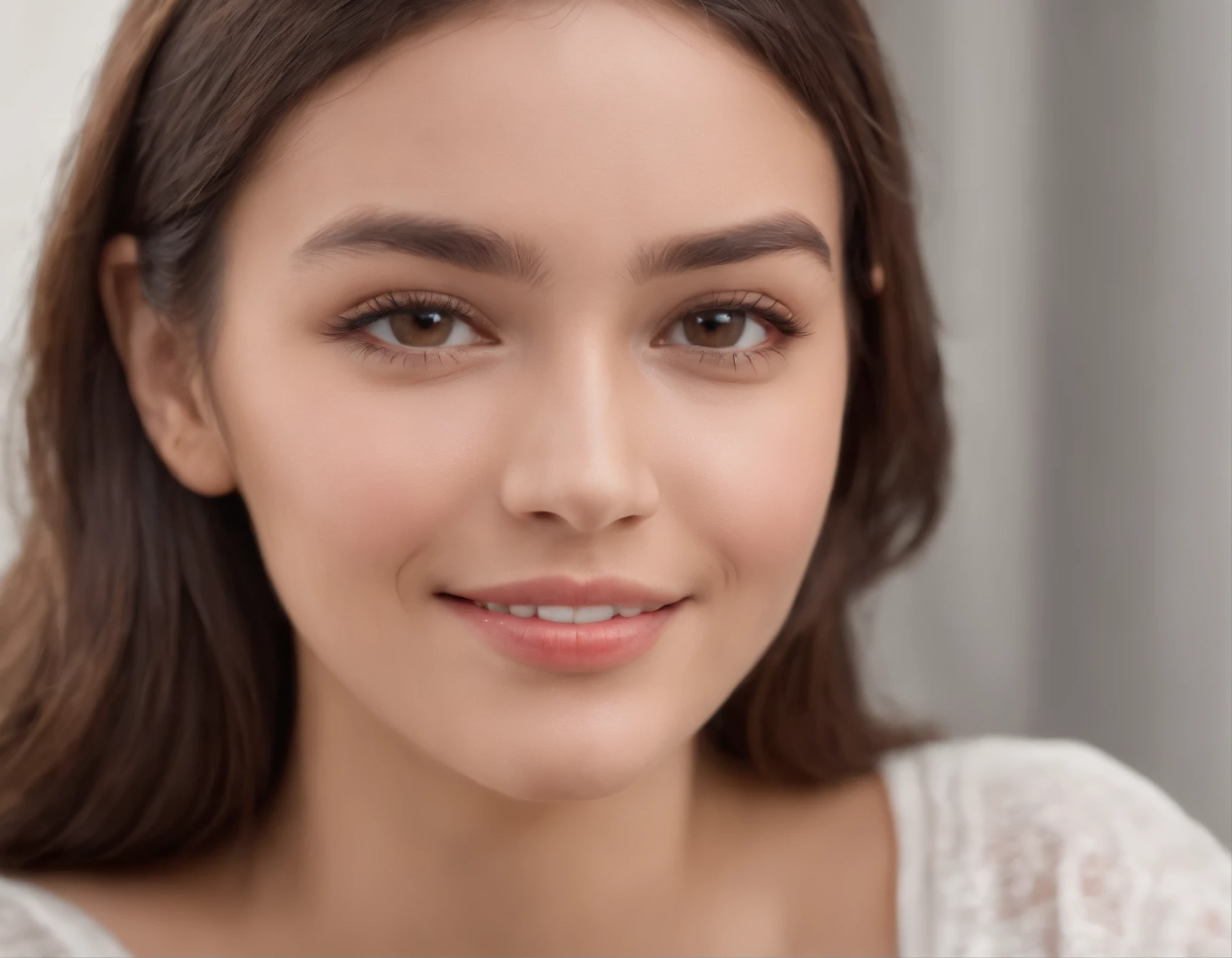 (photo: 1.3) de (Realism: 1.3), (Latin American), Hispanic Profile Picture, (Frontal close-up), soft light, clear face, Happy, cheerful, Warm light, white tshirt, (Off-white background), (empty background), ((Grey wall background)) avatar, (Long hair), Smile, Beautiful, Young,, Short hair, Smile, (a closeup of a)