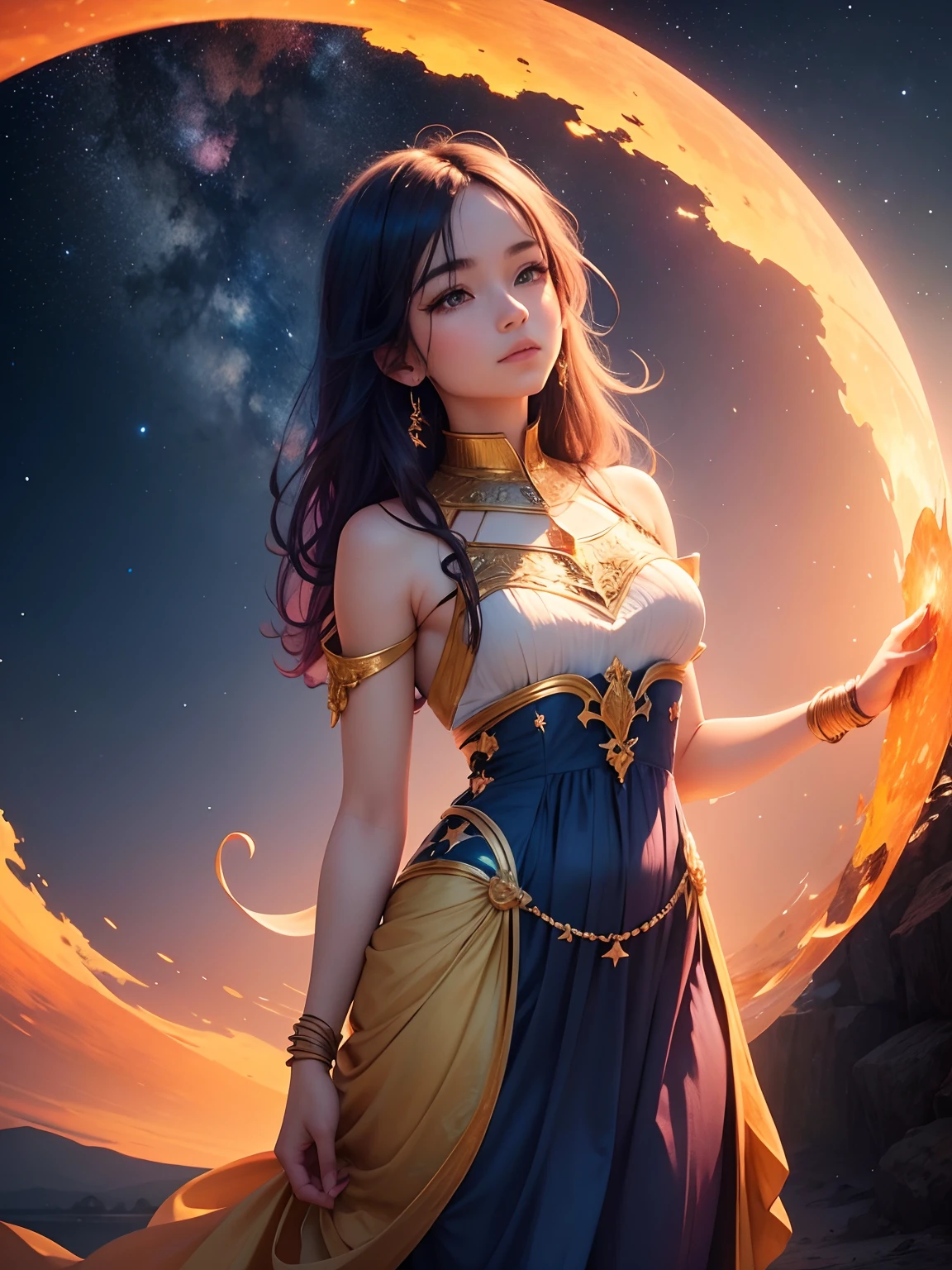 In the breathtaking image, a stunningly beautiful sunrise paints the dark blue sky with vibrant hues of gold,orange, and pink casting a mystical and ethereal glow. The sky is adorned with an array of twinkling stars, creating a truly magical sight. This mesmerizing view, whether captured in a photograph or depicted in a painting, exudes a sense of tranquility and wonder. The colors are so vibrant and the overall image is of such high quality that it evokes a feeling of awe and captivation in the viewer.