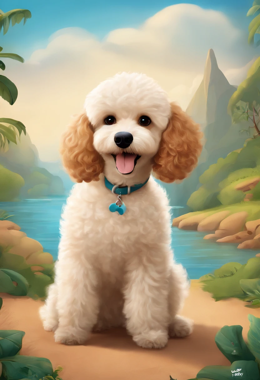 Create a poster inspired by Disney Pixar movies, apresentando uma cachorrinha de poodle branca, cachorrinho de pele bem cuidada com dentes caninos afiados e pontiagudos brincando. The poster is titled 'The Adventures of Juju' Digital art should be in the style of Pixar, reminiscent of an animated feature.