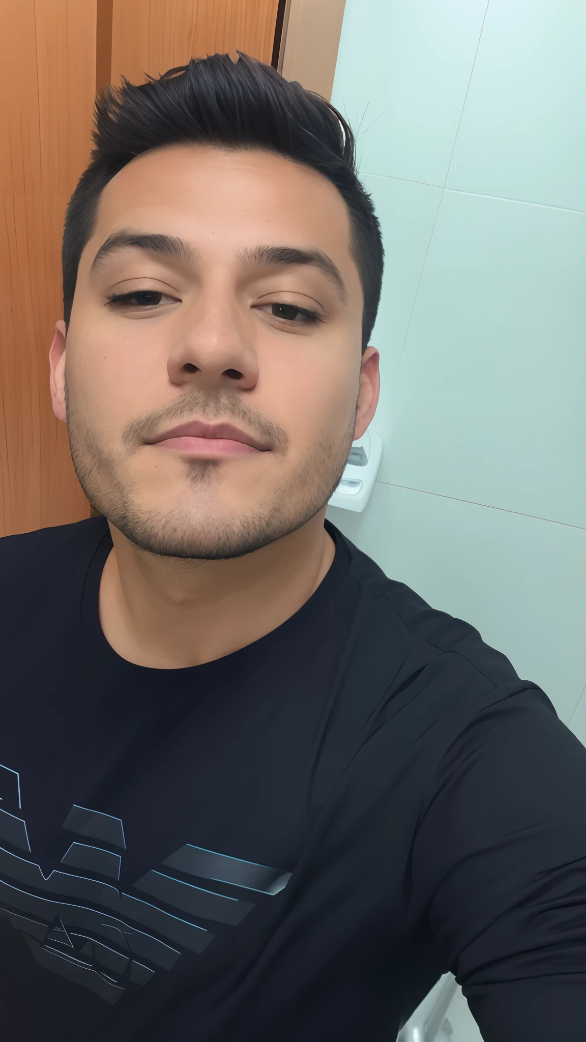 there is a man that is taking a selfie in the bathroom, Fotografia selfie 8k, imagem frontal, ligeiro restolho, 3 2 anos, 2 7 anos, 2 8 anos, 2 9 anos, restolho curto, imagem do rosto, selfie de um homem,