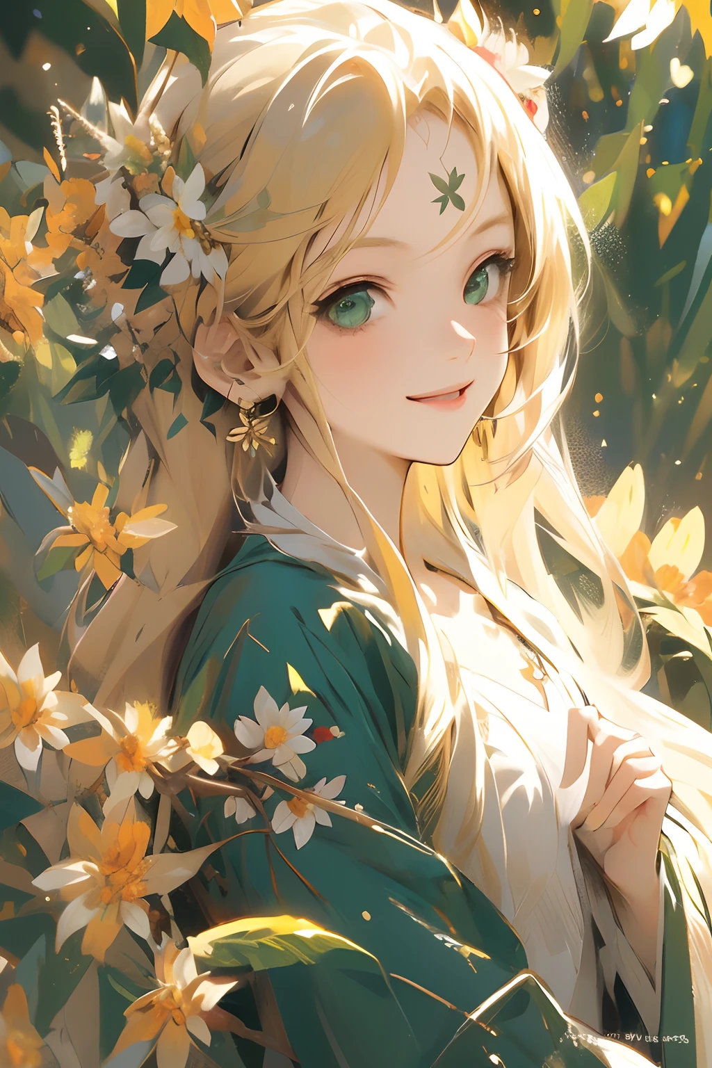 ultra-detailed, light blonde hair, green eyes, beautiful girl, long hair, flower on her hair, flower background, smile face