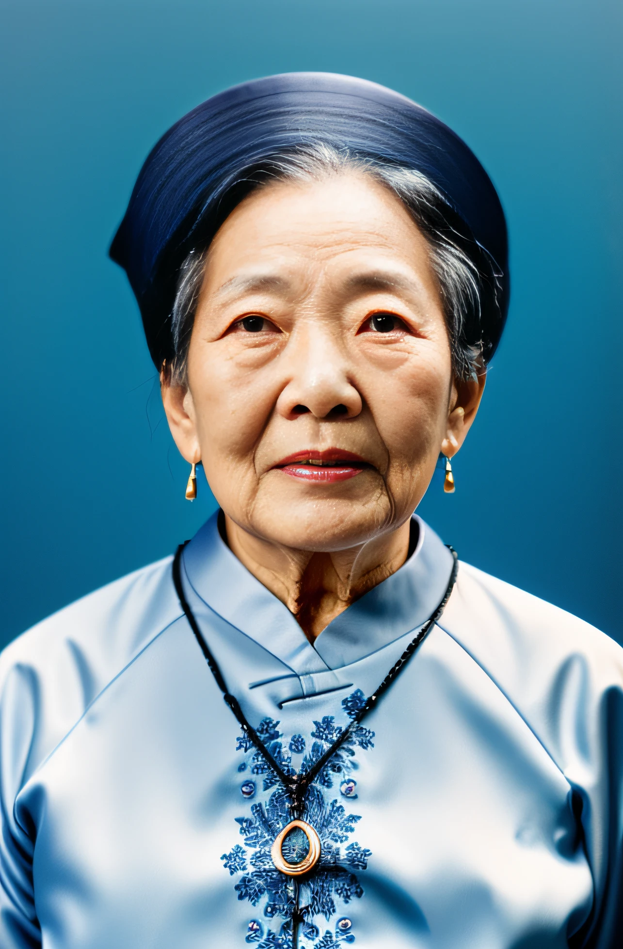 Highly realistic photo, Portrait photo of a 90-year-old Asian woman, wearing a (black) traditional ao dai, necklace, braided hair, dark blue background, photo taken in 1975