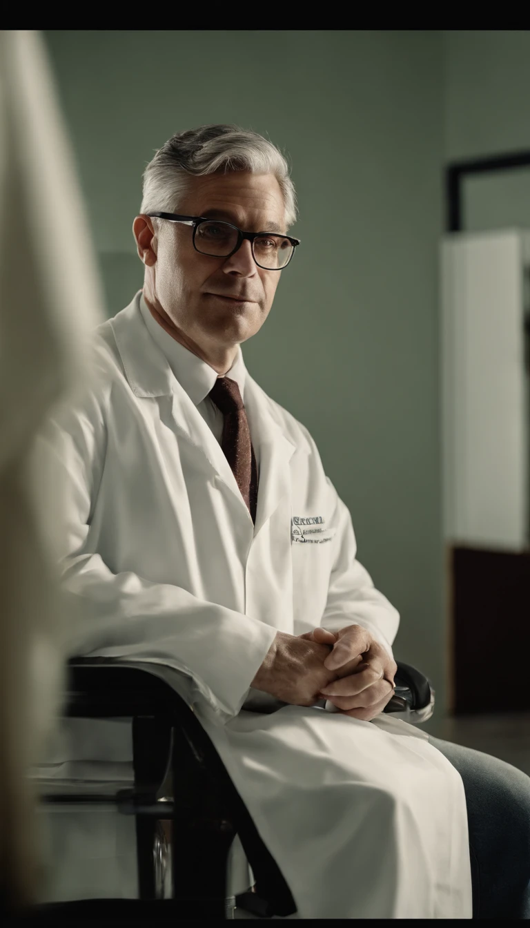 A distinguished 40-year-old man with gray hair and prescription glasses sits behind a modern medical table, his white coat and stethoscope around his neck, ready to see his next patient. His intense gaze at the camera conveys his dedication to his profession. The computer and papers on the table hint at his meticulous nature and attention to detail, good lighting.