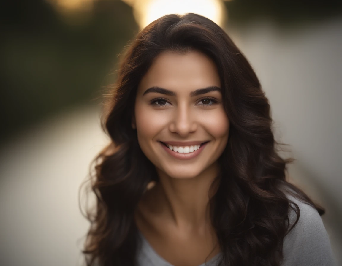 (photo: 1.3) de (Realism: 1.3), (Latin American), Hispanic Language Profile, (Frontal close-up), soft light, clear face, Happy, cheerful, Warm light, white tshirt, (Off-white background), (empty background), ((Grey wall background)) avatar, (Long hair), Smile, Beautiful, Young,, Short hair, Smile, (a closeup of a)
