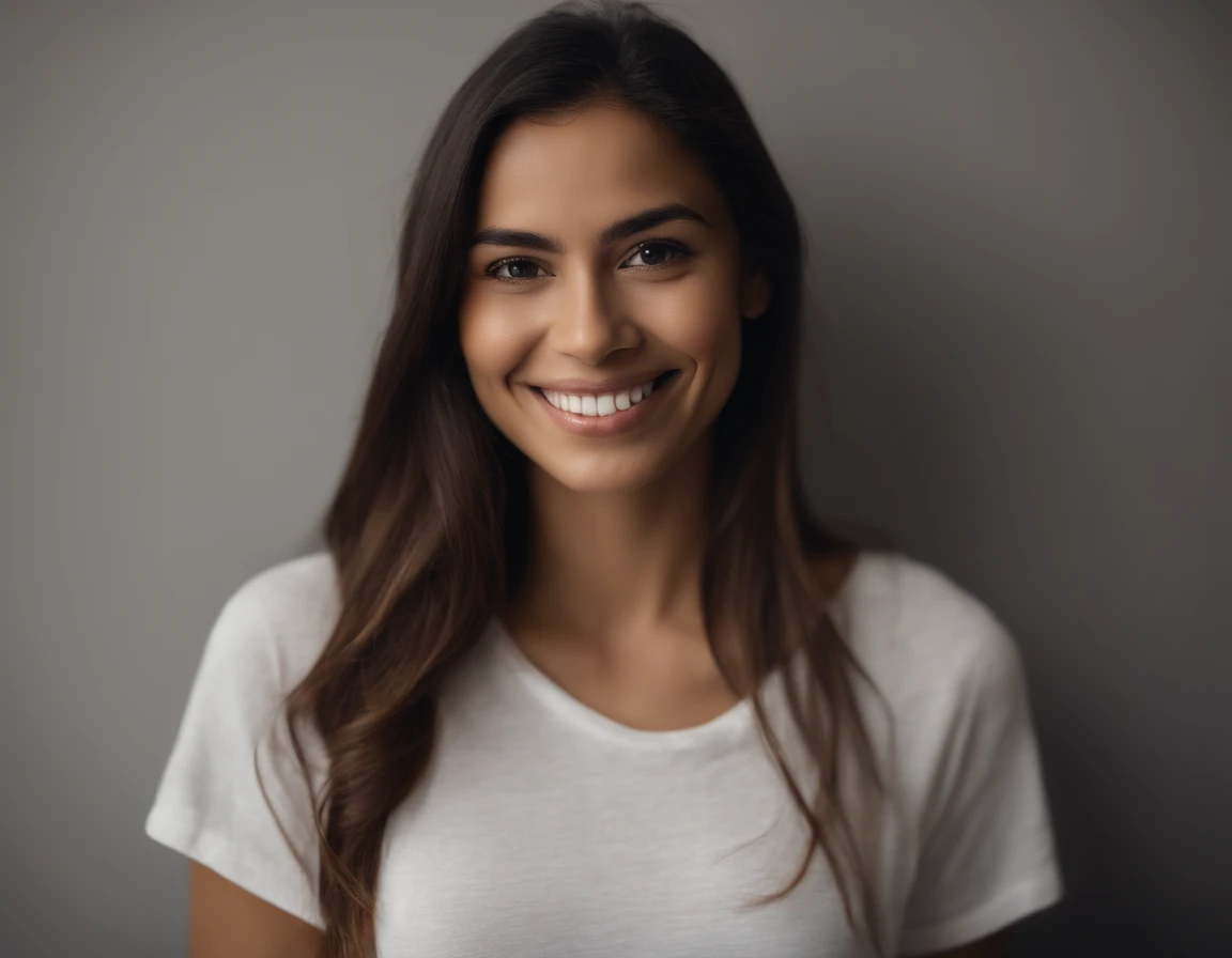 (photo: 1.3) de (Realism: 1.3), (Latin American), Hispanic Language Profile, (Frontal close-up), soft light, clear face, Happy, cheerful, Warm light, white tshirt, (Off-white background), (empty background), ((Grey wall background)) avatar, (Long hair), Smile, Beautiful, Young,, Short hair, Smile, (a closeup of a)