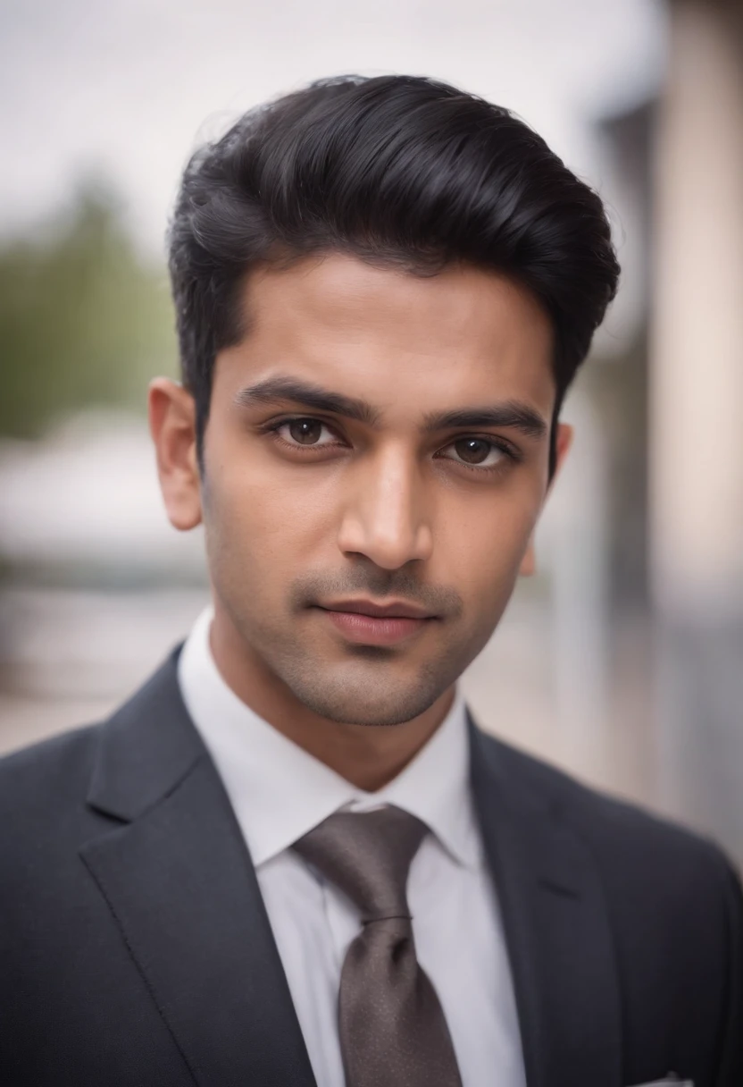 30 year old Indian man with black hair in a business suit, portrait, looking directly at the camera, headshot, shaved