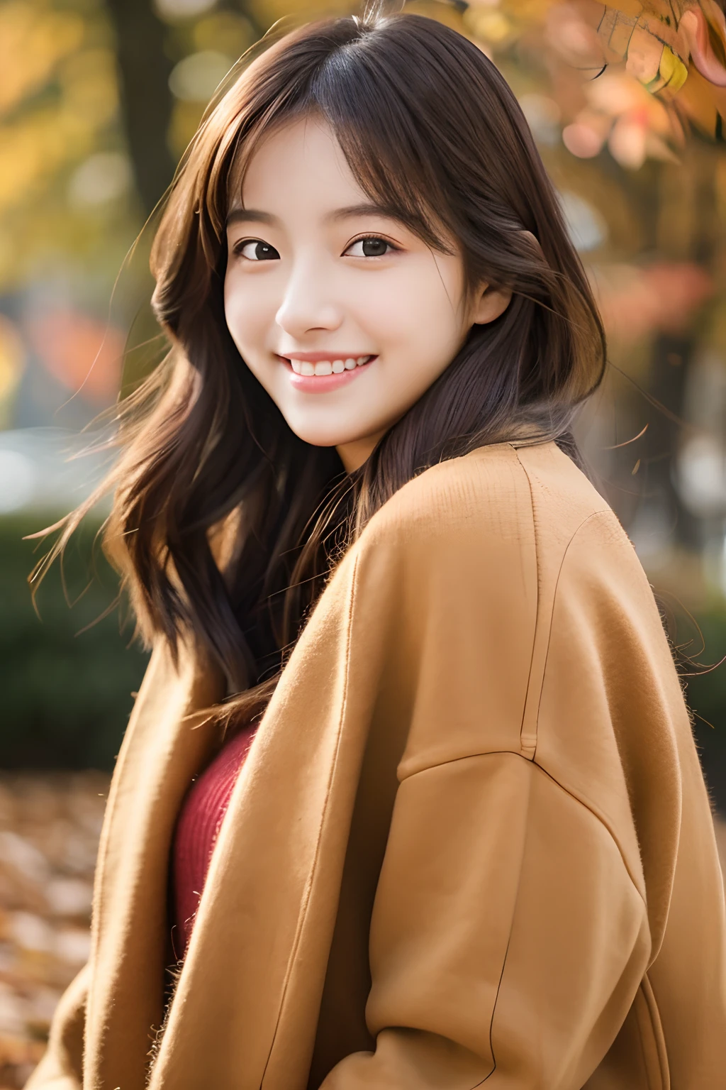 top-quality、masterpiece、(Photorealsitic:1.4)、1girl in、smile eyes、(ulzzang -6500-v1.1:1.0)、Brownish、Brown eyes、22year old、Beautuful Women、女優、Autumn clothes、falls