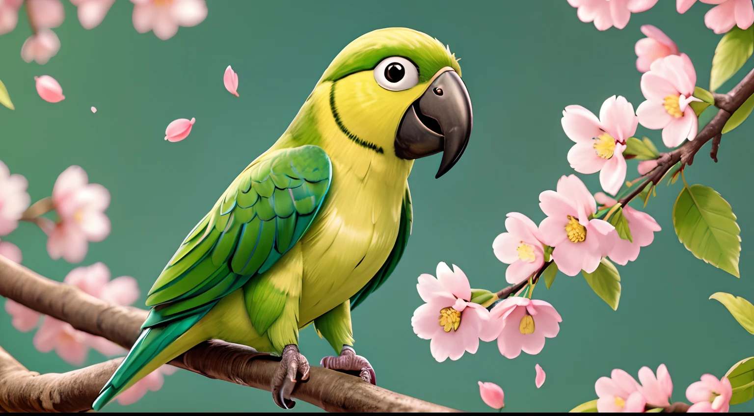 a cheerful green parrot on a cherry blossom branch