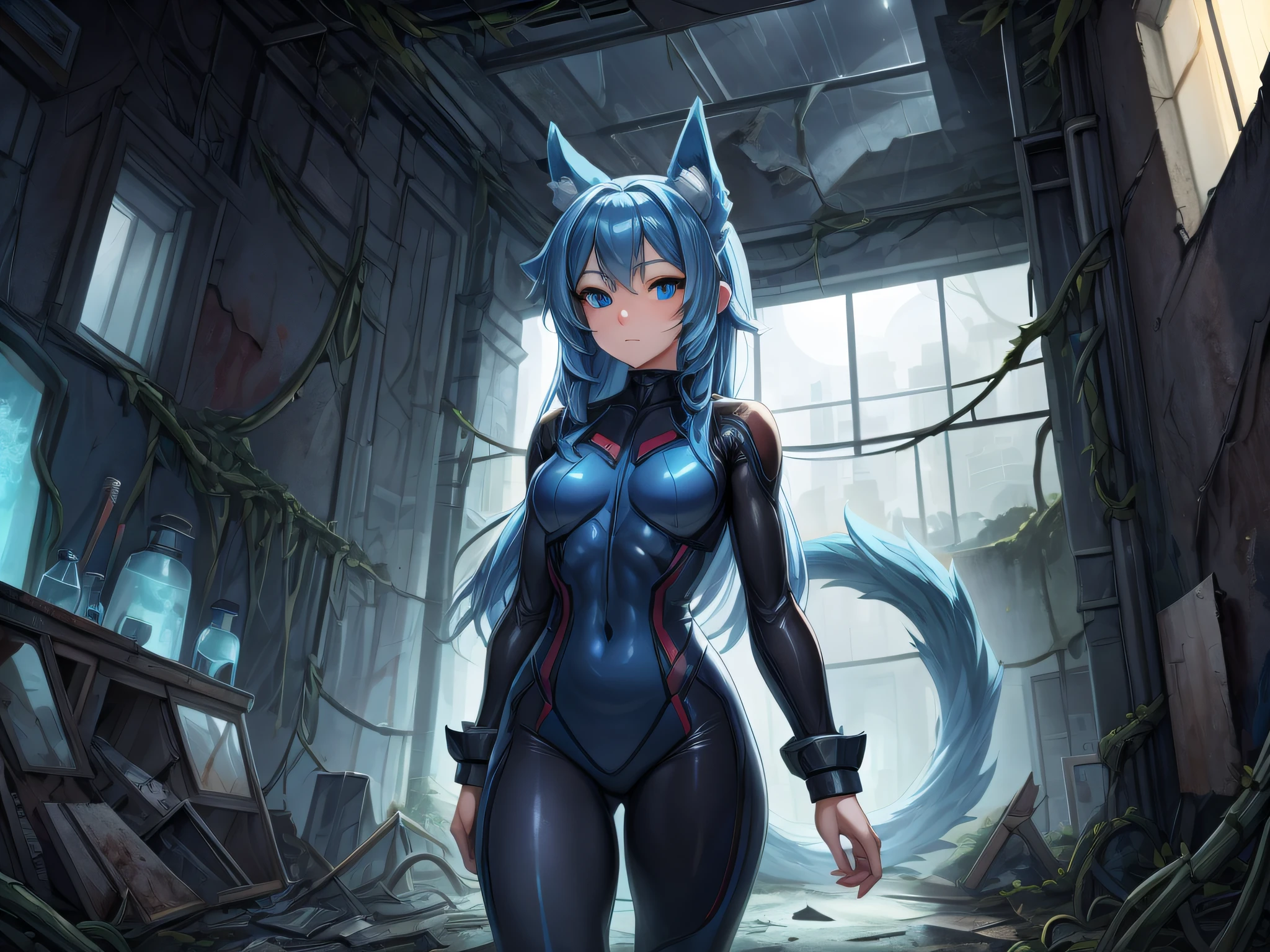 (Masterpiece) (High Detail) (High Res) A short humanoid girl with pale human skin and blue eyes and long blue hair and blue dog ears and a big fluffy dog tail is exploring an abandoned laboratory at night-time. She is dressed in soft matte-black bodysuit and is looking around at the ruined walls, overgrown vines and smashed windows. The lights are smashed.