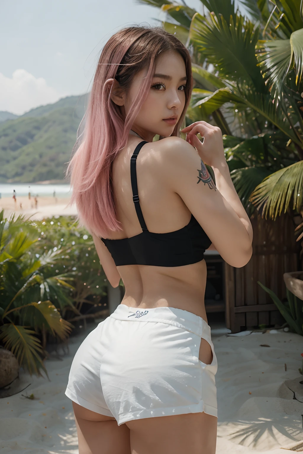 araffe in a black bra top and white shorts in a beach, korean girl, gorgeous young korean woman, back pose, in shorts, cottagecore!! fitness body, toned derriere, thicc, side pose, beautiful south korean woman, booty shorts, 2 4 year old female model, sexy girl wearing shorts, korean woman, lit from behind, heavy makeup, hair ties, slightly open mouth, big eyes, glossy, very pretty face, slender waist, sex pack, light pink hair, tattoo girl