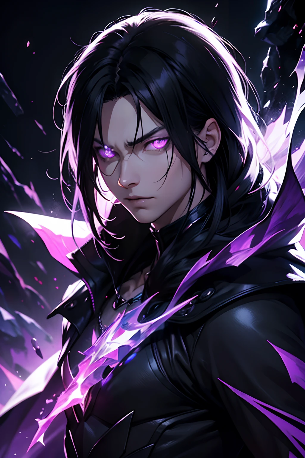 anime style,black hair,kaos style,male,black cape,(best quality:1.2),ultra-detailed,realistic:1.37,portraits,vivid colors,studio purple lighting,sharp focus,iceberg,night time,powerful expression,glowing purple eyes,dark breath,dark surroundings,reflective dark crystals,elemental magic,villain pose,mysterious aura