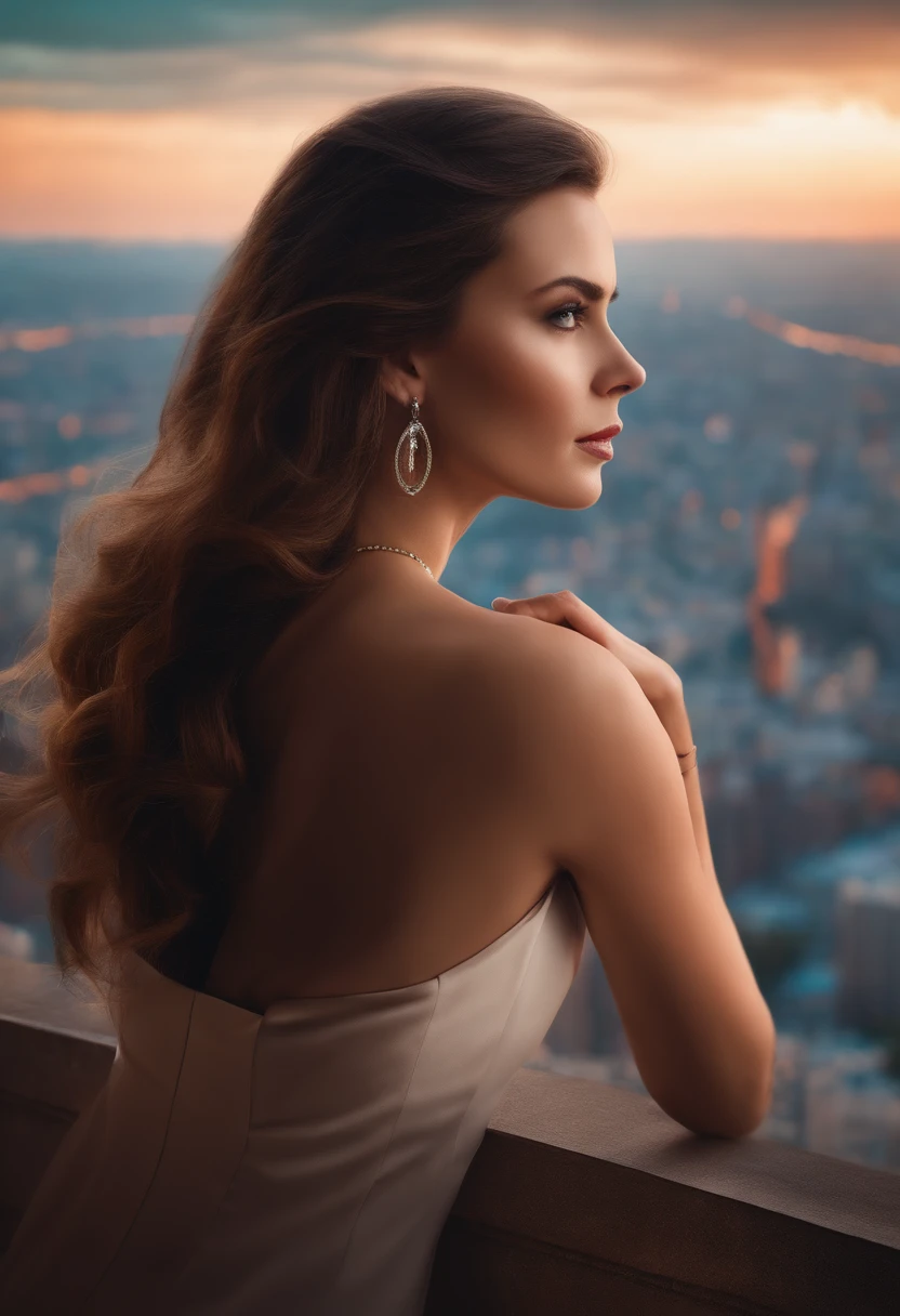 a beautiful woman observing a big city from the top of a building, powerful woman, a leader, hyper realistic style